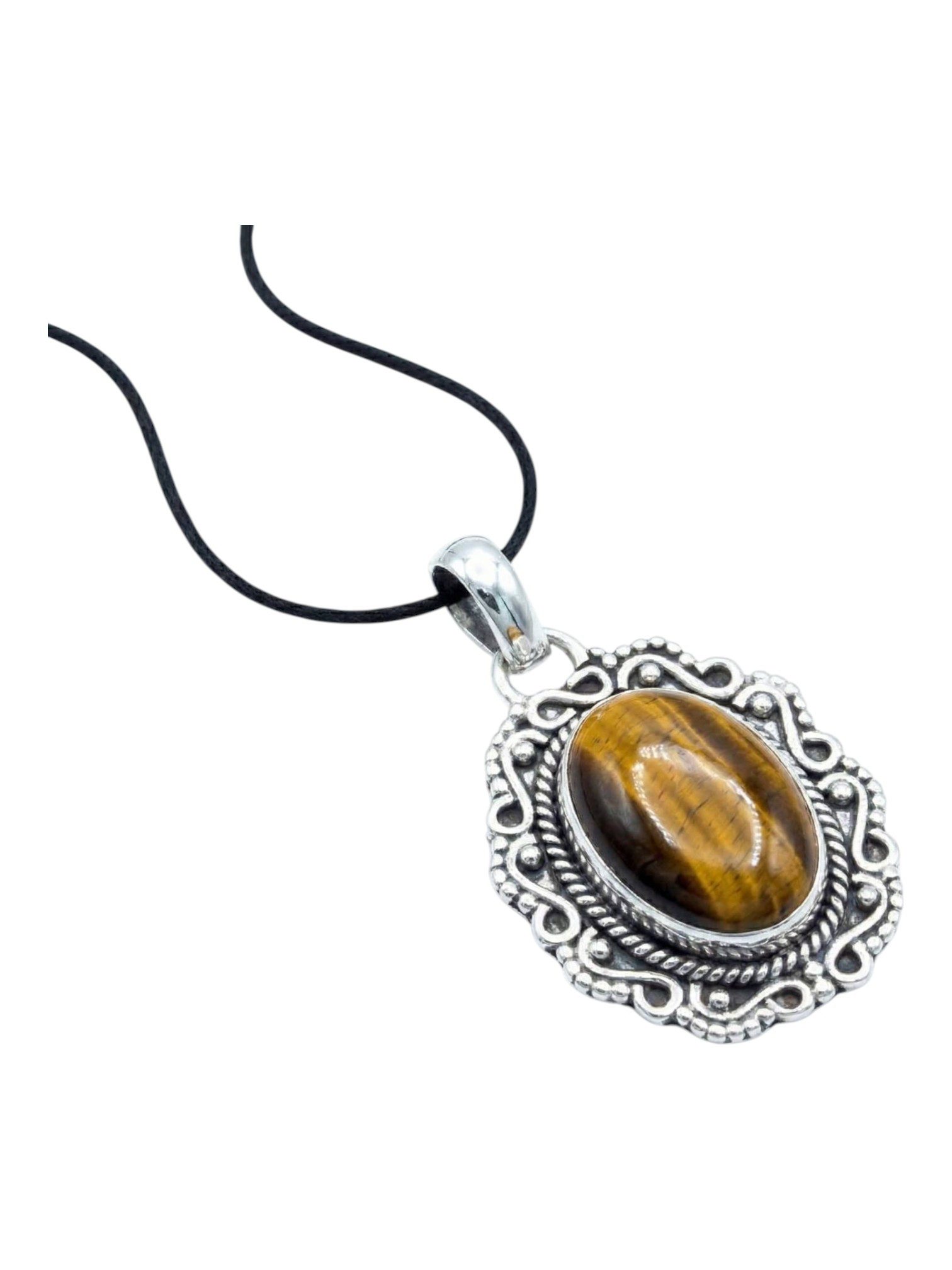 mantraroma Kettenanhänger KATUVA oval aus 925 Silber mit Tigerauge (Kettenanhänger am Baumwollband im Schmuckbeutel), 925 Sterling Silber Kettenanhänger für Damen