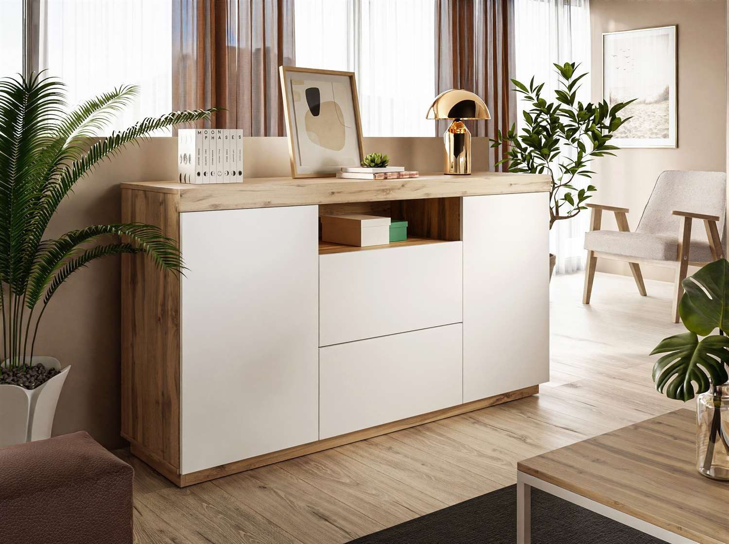 ALLHOUSE24 Kommode WIXI 164 cm Breite Sideboard matt Wotan Eiche PUSH TO OPEN (1x Kommode), Breite 164 cm