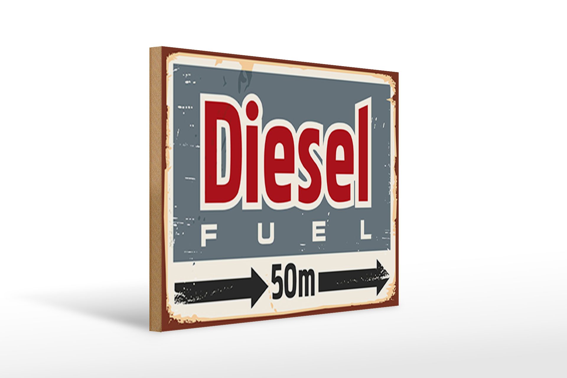 Femer GmbH Holzbild Retro 40x30cm Diesel fuel 50 m, Auto Motorrad Werkstatt Garage, Nostalgie Retro Altes (1 St), Glatte Holzfaserplatte (MDF), vorn beschichtet