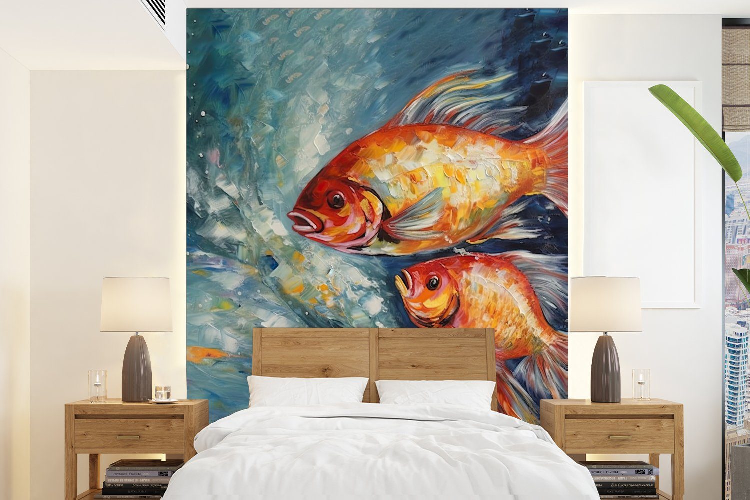 MuchoWow Fototapete Fisch - Wasser - Tiere - Kunst - Ölfarben, Matt, bedruckt, (4 St), Montagefertig Vinyl Tapete für Wohnzimmer, Wandtapete