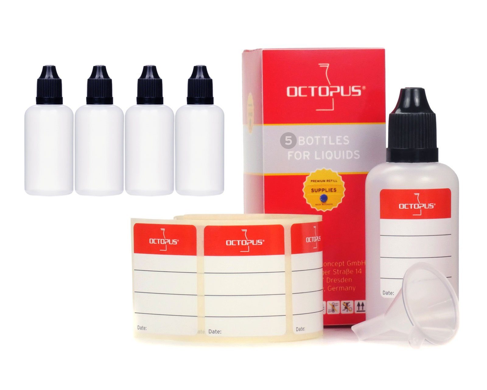 ml Plastikflaschen schwarz, OCTOPUS Deckel 5 50 G14, (5 St) LDPE, Tropfeinsatz, Kanister 1