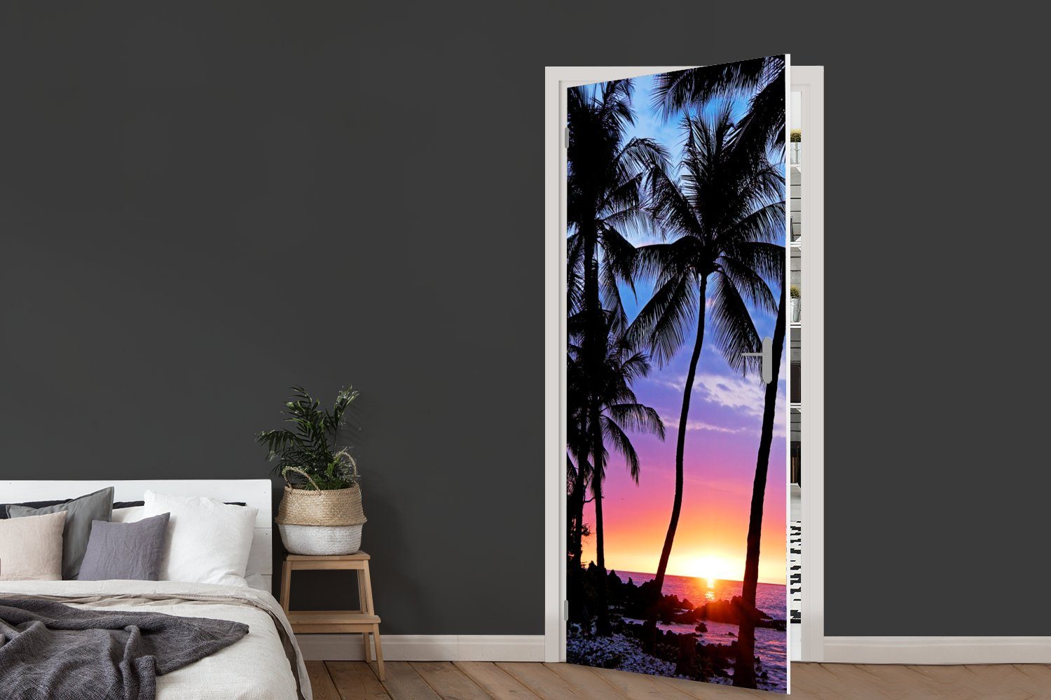 Sonnenuntergangs cm Tür, Hawaii, 75x205 auf bedruckt, Silhouette eines Fototapete für während Matt, St), Türtapete Palmen Eine Türaufkleber, von MuchoWow (1