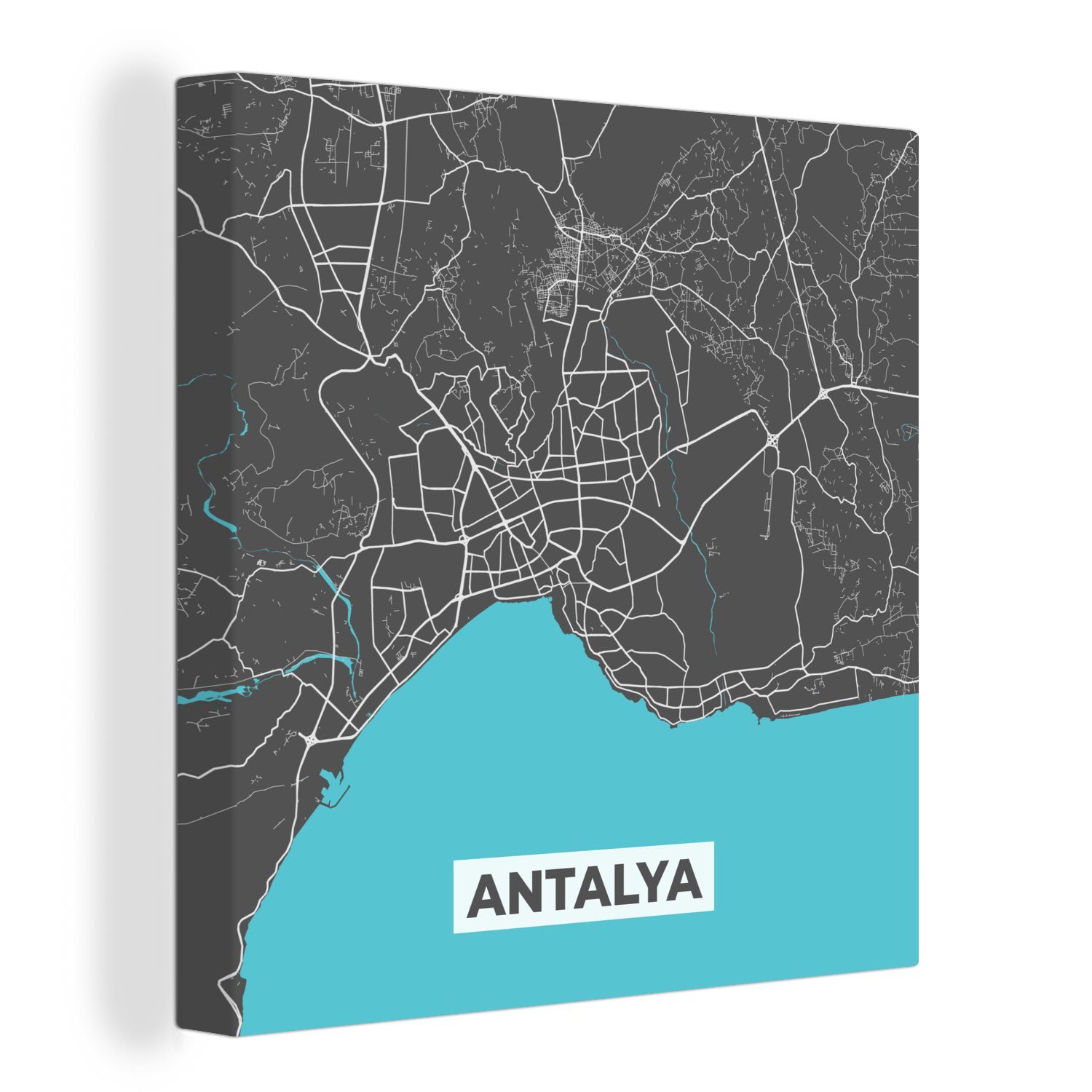 OneMillionCanvasses® Leinwandbild Antalya - Stadtplan - Blau - Karte, (1 St), Leinwand Bilder für Wohnzimmer Schlafzimmer