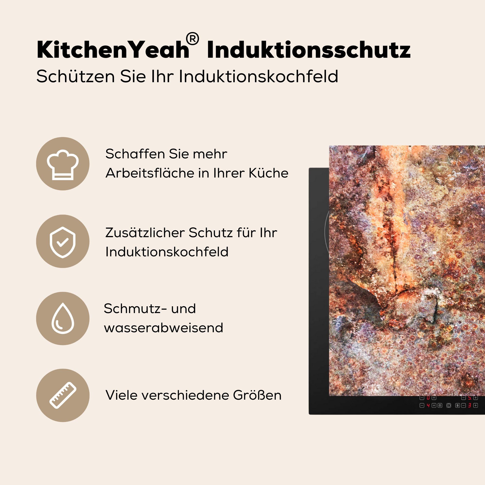 MuchoWow Herdblende-/Abdeckplatte Metall - 81x52 - die Rost, cm, Ceranfeldabdeckung küche, Platte tlg), für Induktionskochfeld Schutz (1 Vinyl