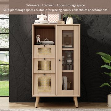 XDeer Highboard Multifunktionales Sideboard 60*40*110 cm 1 Tür mit 3 Schubladen, Rattan Vitrine mit Kippfunktion Bücherregal Stauraum Kommode