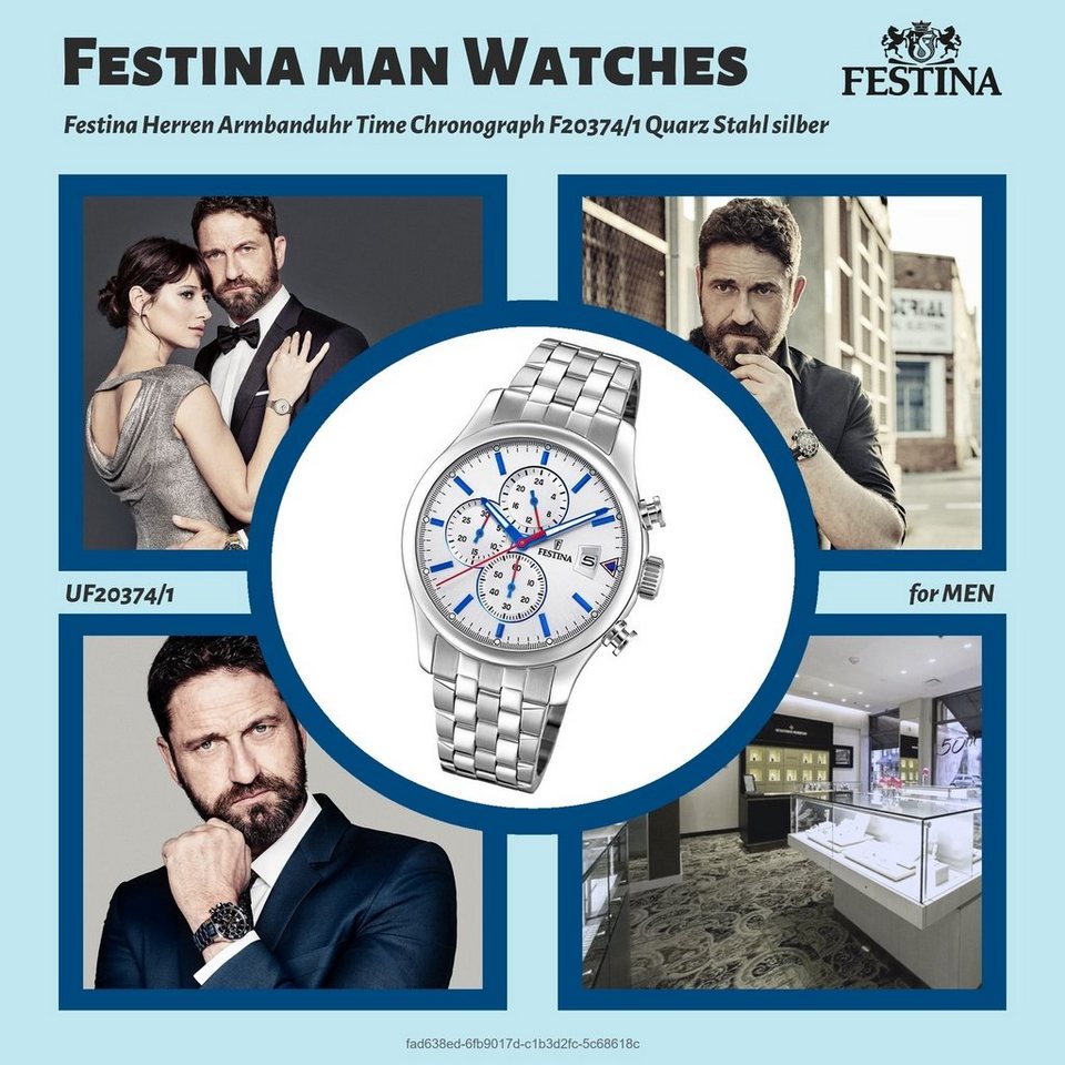 Festina Chronograph Festina Edelstahl Herren Uhr F20374/1, Herrenuhr mit  Edelstahlarmband, rundes Gehäuse, groß (ca. 43mm), Sport