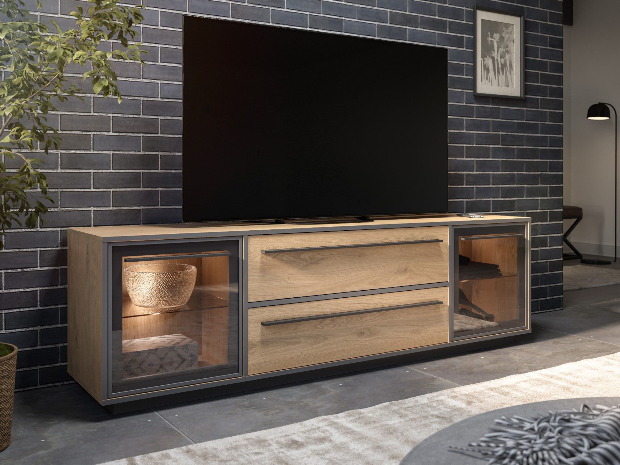 moebel-dich-auf Wohnwand NARDO, (Wildeiche / Absetzung: Anthrazit, 1-St., Verschiedene Board-Sets), Braunglas, Softclose, inkl. LED-Beleuchtung