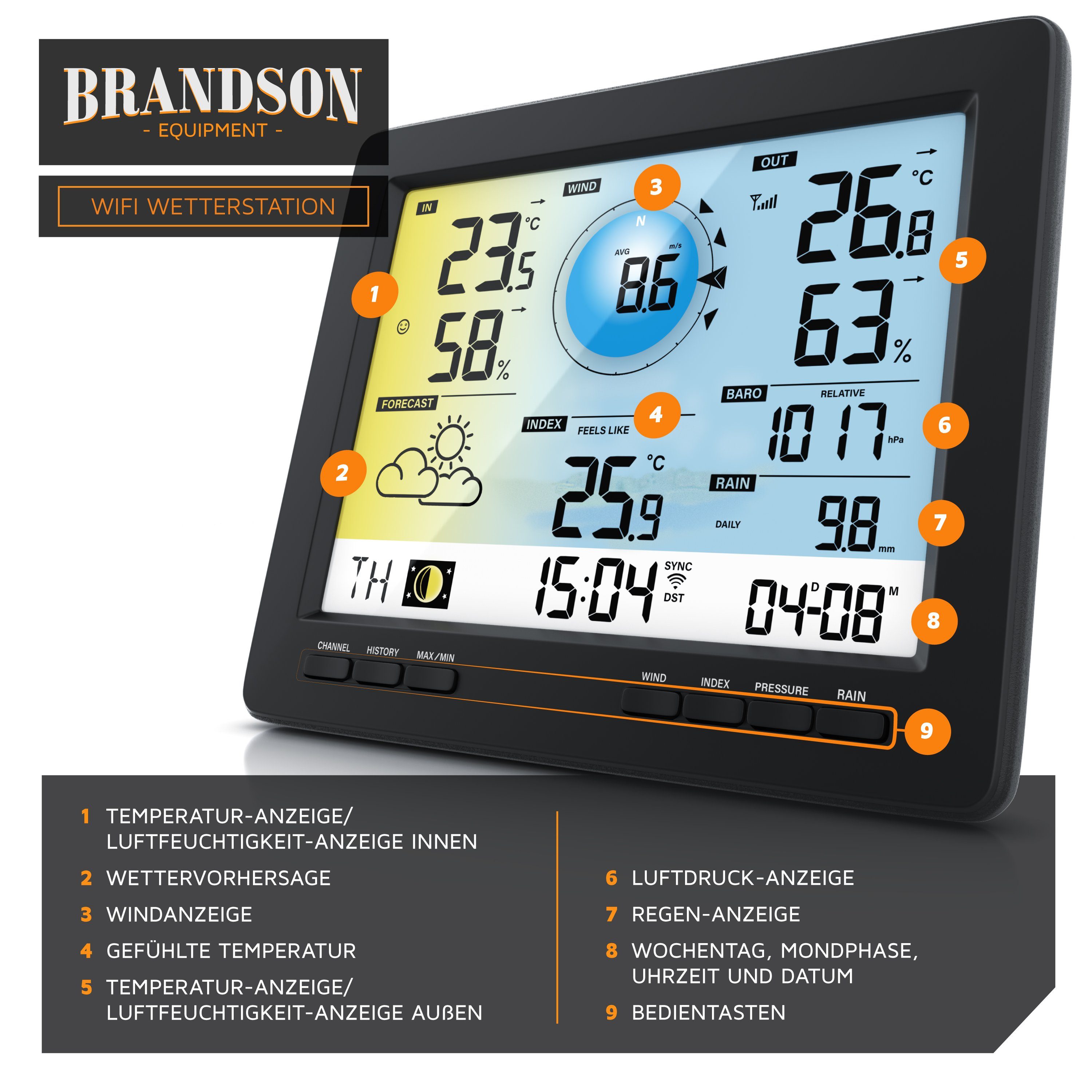 Brandson Wetterstation (mit Außensensor, mit Messstation, Profi Funkwetterstation App) per Außen Wetterdaten