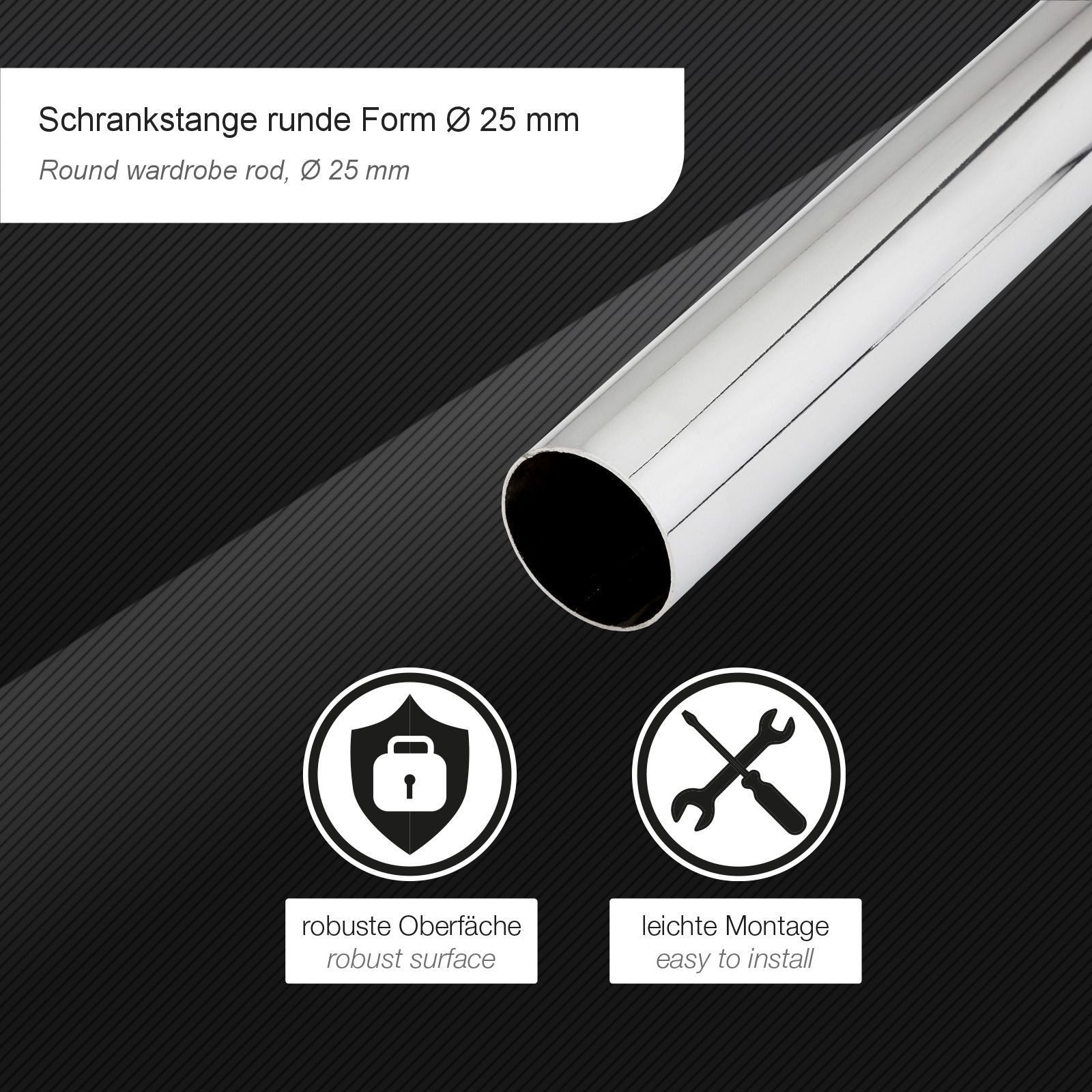 SO-TECH® Garderobenstange Schrankstange rund Ø 25 mm Chrom poliert inkl. Stangenlager, (Komplett-Set, 1 St), Kleiderstange Länge 116 cm mit 2 Stagenlagern – Bild 4 von 5