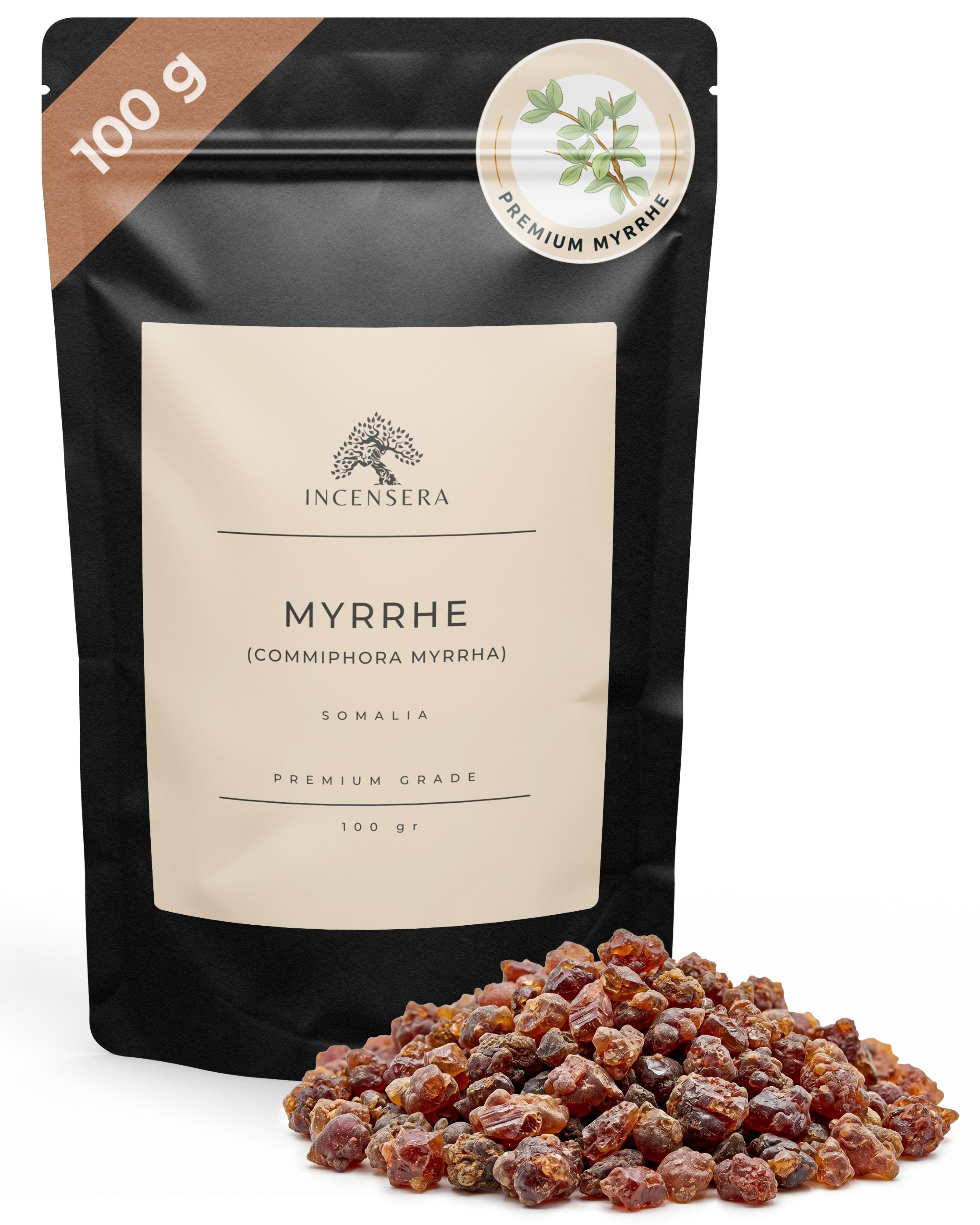 Incensera Räucherschale Myrrhe Harz zum Räuchern, Räucherharz Räucherwerk Baumharz Myrrh Resin, naturbelassen, ohne Zusätze, handverlesen, wiederverschließbar