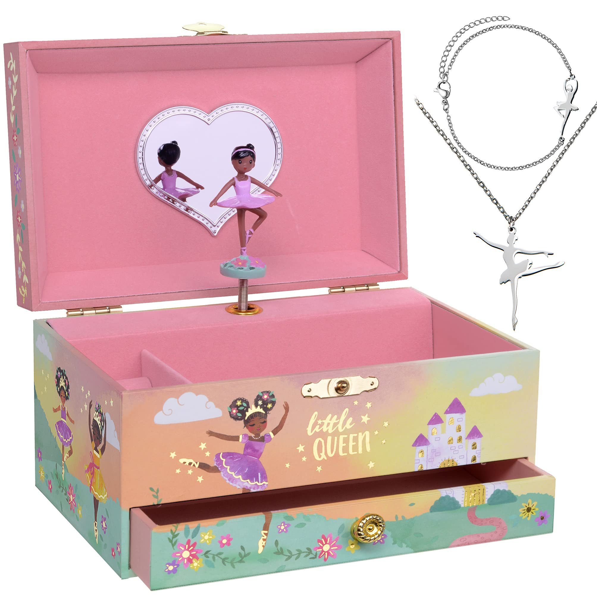 Jewelkeeper Schmuckkasten Spieluhr Schmuckkästchen Drehender Rosa Figur, Mit Mädchen Kleine Königinedelstahl Für