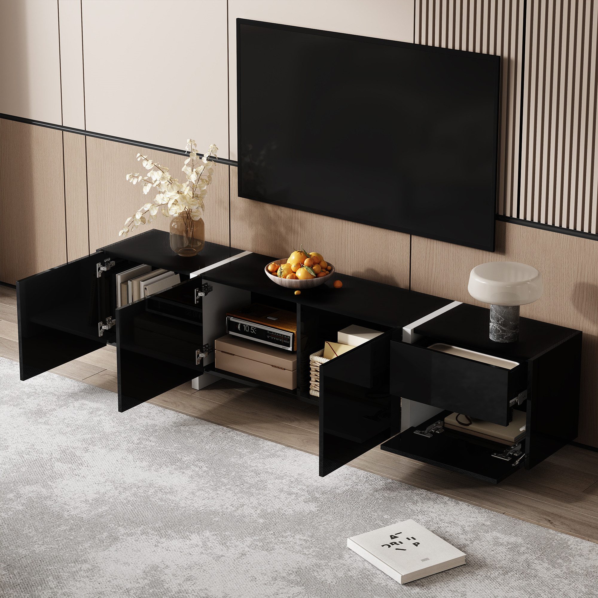 STILVORA Lowboard mit LED-Lichtleiste,TV-Schrank Fernsehschrank mit Schublade&Klapptüren (TV-Panel, Fernsehtisch, 1 St., 170*30*39cm), weißer und schwarz abgesetzte Tischbeine