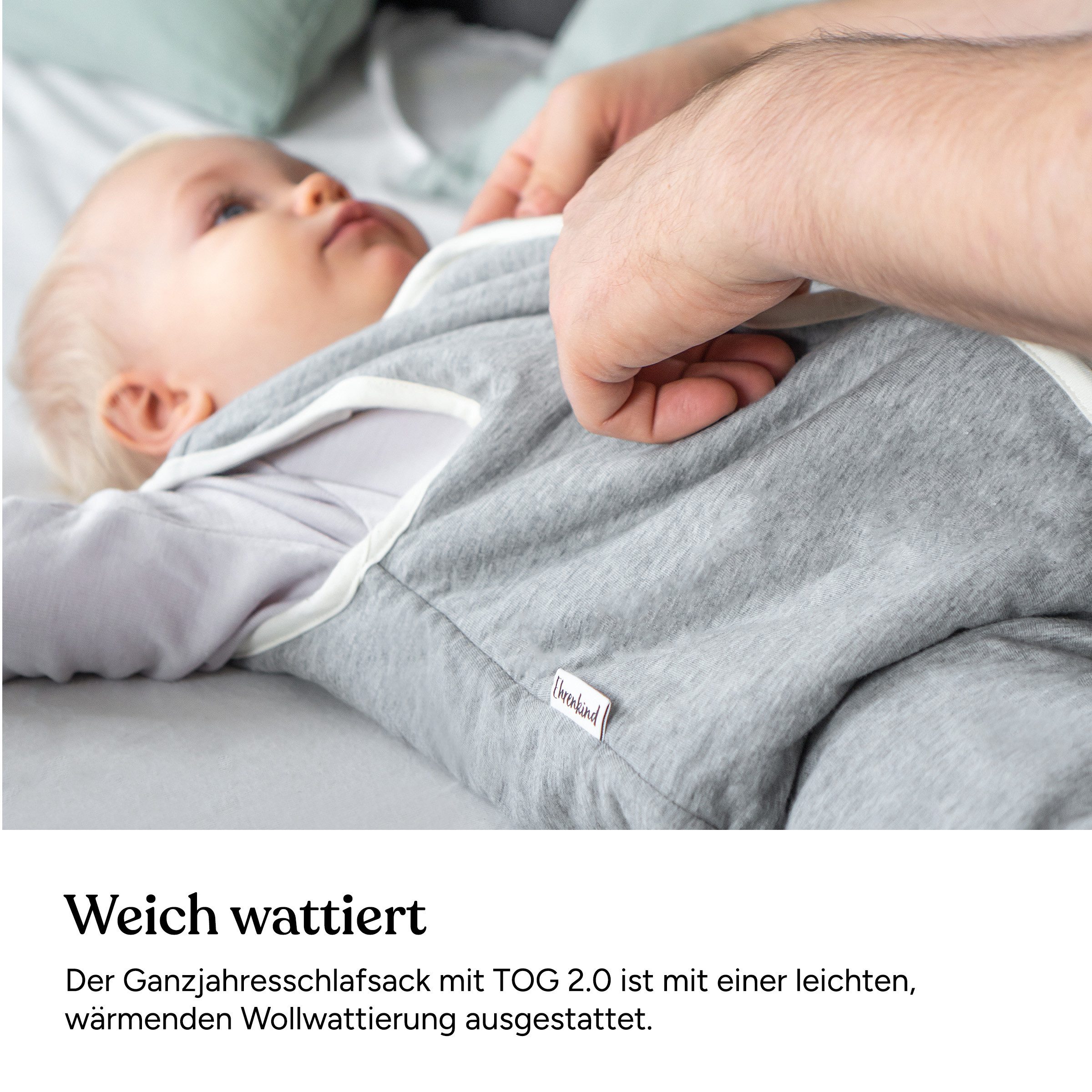 Ehrenkind Babyschlafsack Ganzjahresschlafsack mit Beinen und Wollfüllung, 100% Bio-Baumwolle (Ganzjährig verwendbar, Für ein optimales Schlafklima), Sorgt für wohlige Wärme ohne zu überhitzen