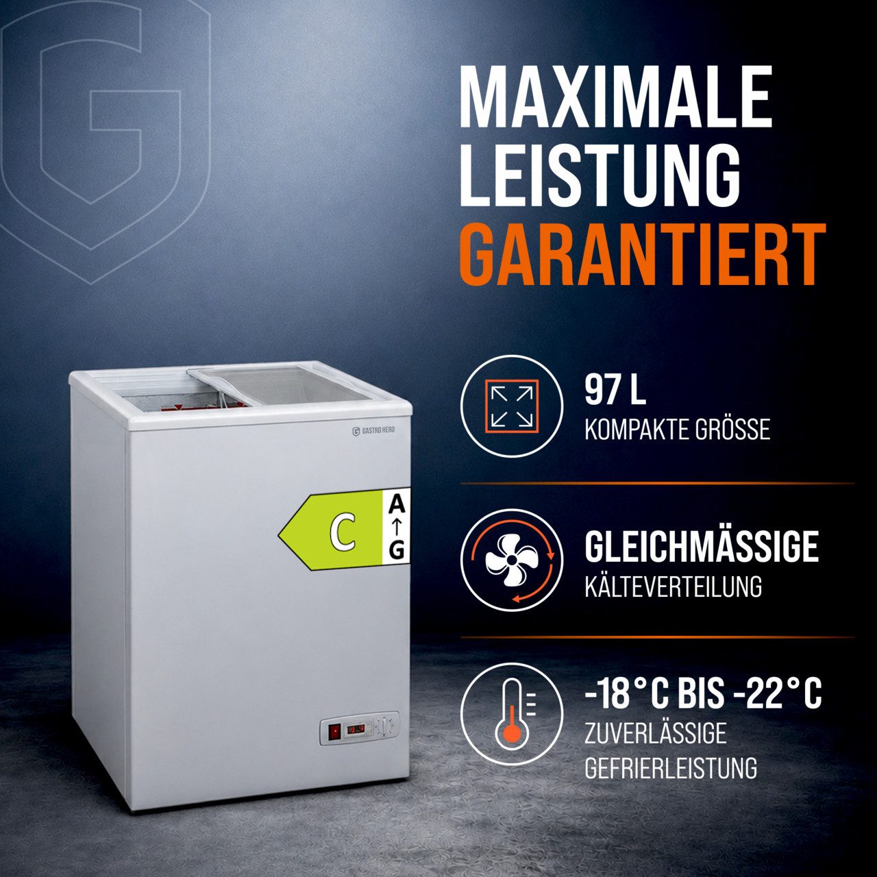 GastroHero Gefriertruhe Tiefkühltruhe 97 Liter mit Glasschiebedeckel & Schloss - Eistruhe TKTR-ECO100N, 58.5 cm breit, 97 l