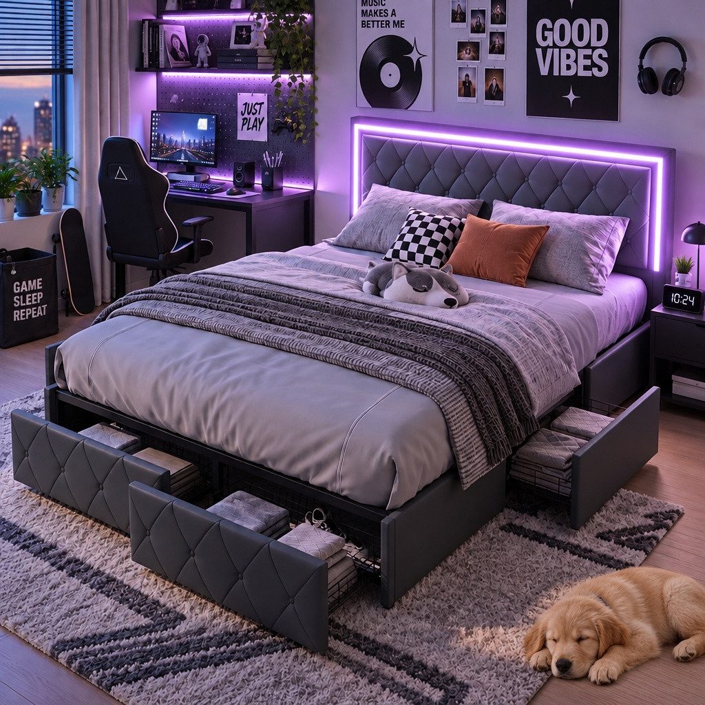 Furnishings Home Polsterbett Stauraumbett Doppelbett Jugendbett (Verstellbare Kopfteilhöhe), Mit LED-Beleuchtung,vier Schubladen auf …