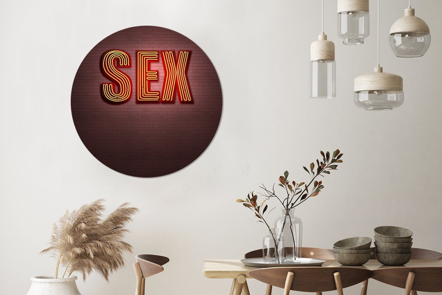 MuchoWow Gemälde St), Wandkreis, Wort 90x90 cm Sex, Wohnzimmer, Rundes mit Neonschild (1 wandbild dem Wandschmuck, für