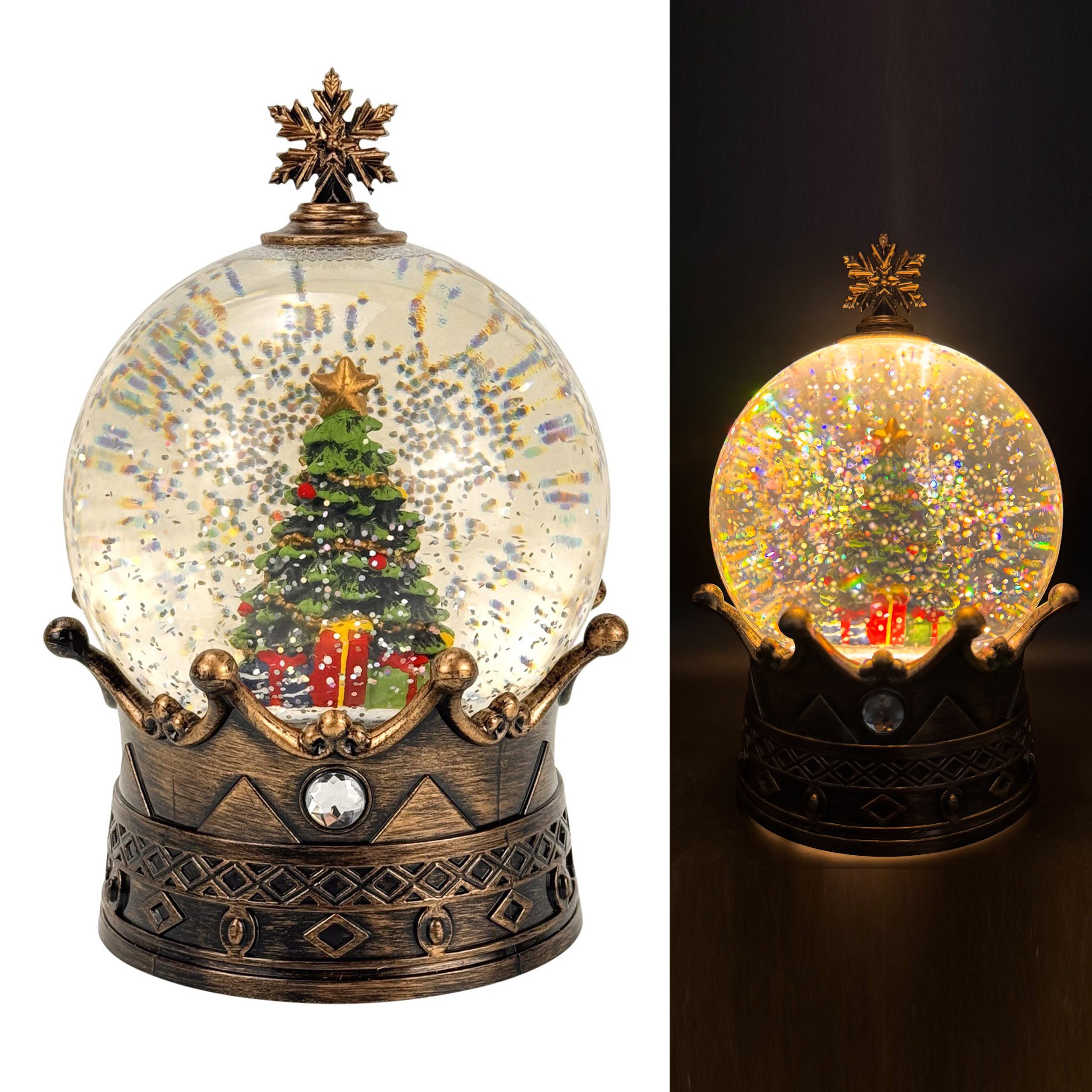 Online-Fuchs Schneekugel aus Glas mit LED-Beleuchtung und Spieluhr - Weihnachtsdeko (nostalgisches Design, mit verschneiten Weihnachtsbaum und Geschenken), zuschaltbare Spieluhr mit 3 weihnachtlichen Melodien