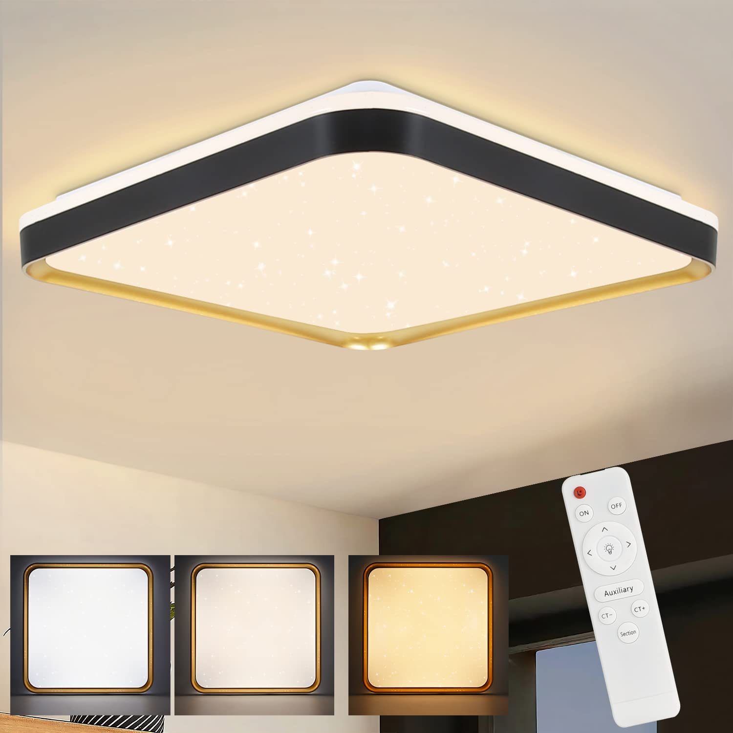 ZMH Deckenleuchte LED Deckenleuchte Dimmbar Wohnzimmer mit Fernbedienung Schwarzgold Eckig