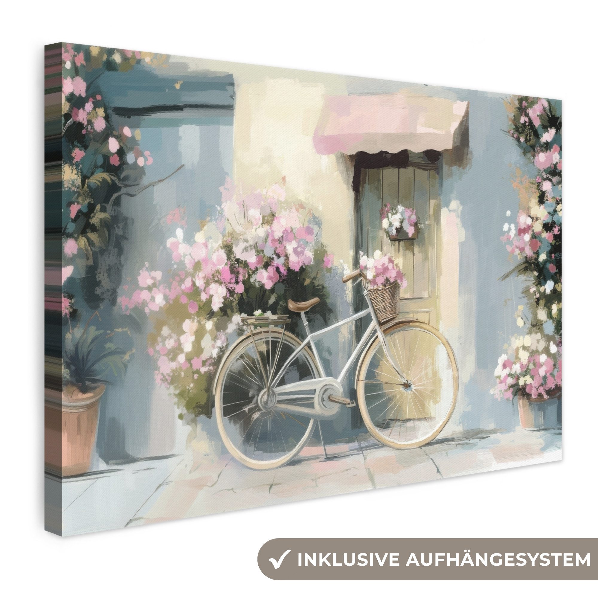 OneMillionCanvasses® Leinwandbild Fahrrad - Pastellfarben - Blumen, Fotodruck (1 St), Leinwand Bilder Klein, Wand Dekoration Aesthetic 30x20 cm