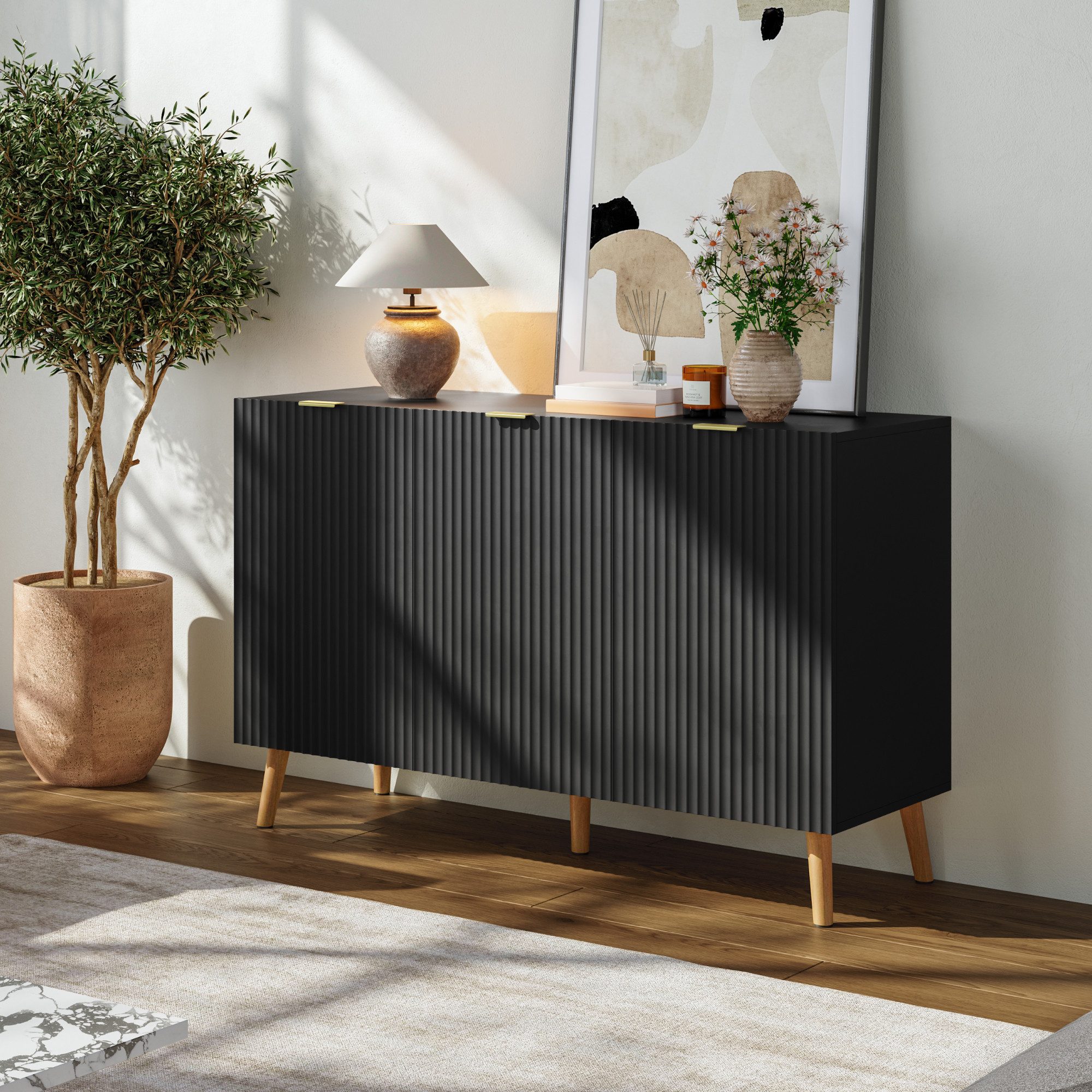 en.casa Sideboard, »Nand« mit 3 Türen 120x40x76 cm Schwarz