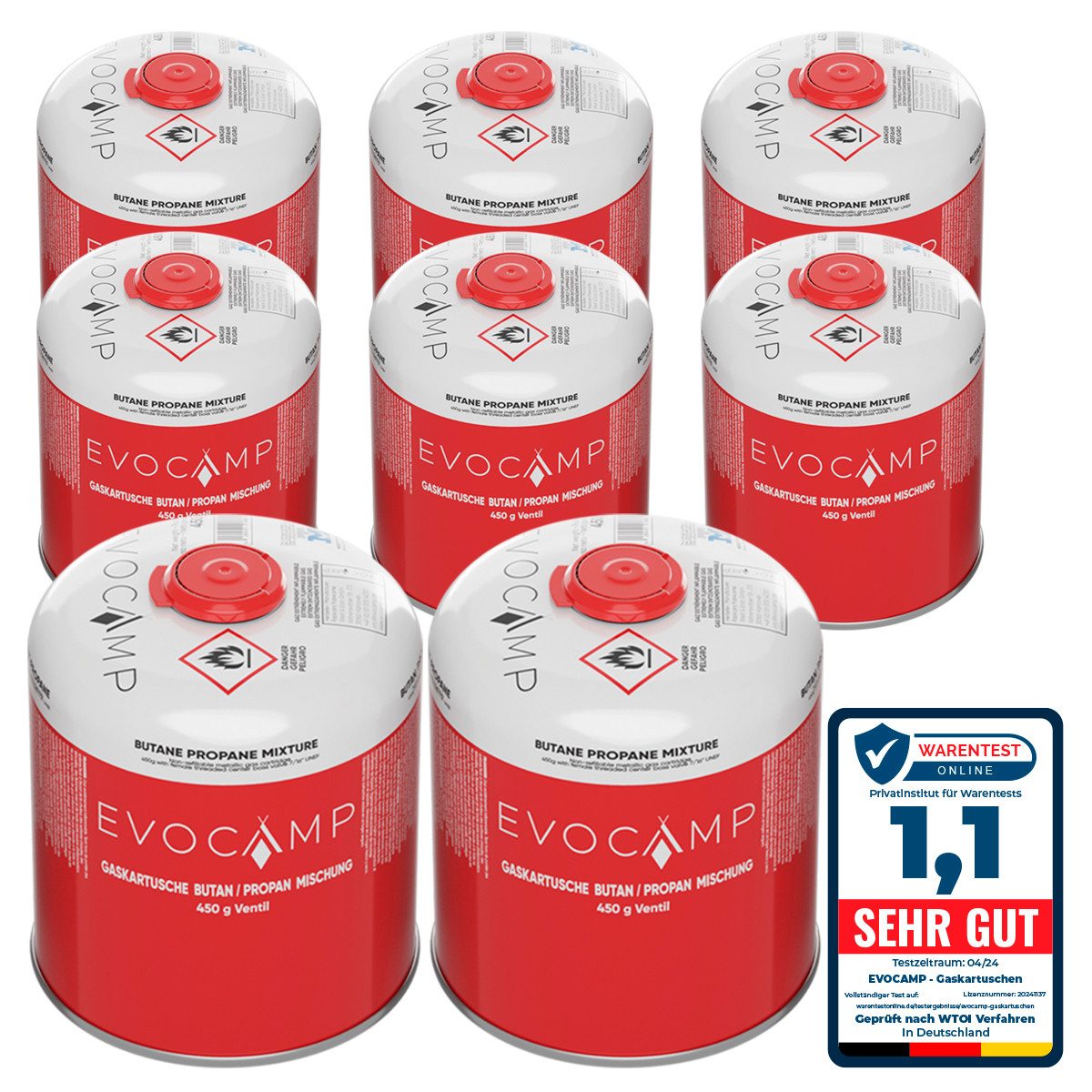 EVOCAMP Gaskartusche 8x Propan Butan 450g, Schraubkartusche Eurogewinde 7/16", Zubehör für Weber Grills Q100-1200-Serien, 8 St.