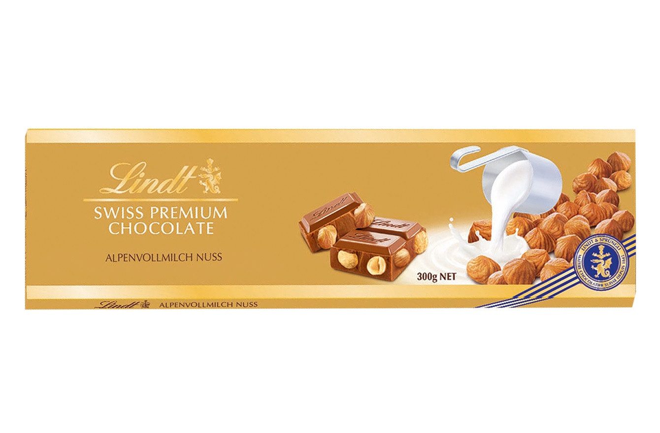 LINDT Schokolade, Lindt Alpenvollmilch-Nuss Schokolade mit Haselnüssen 300g 5er Pack