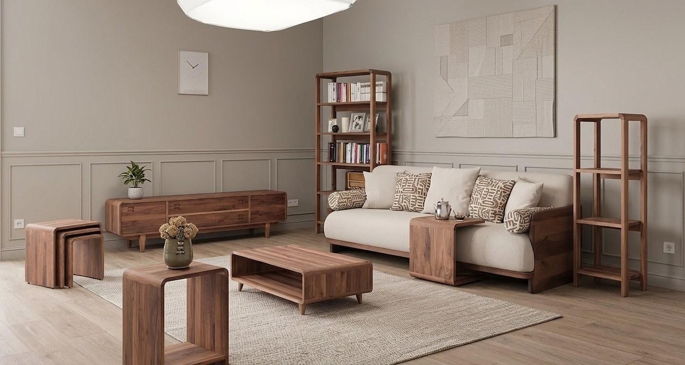 Xlmoebel Polstergarnitur Beige 3-Sitzer Sofa mit TV-Board und Couchtischen im Set, (Sofa-Set, 8-tlg., 3-Sitzer Sofa mit TV-Board und Couchtischen), Made in Europa