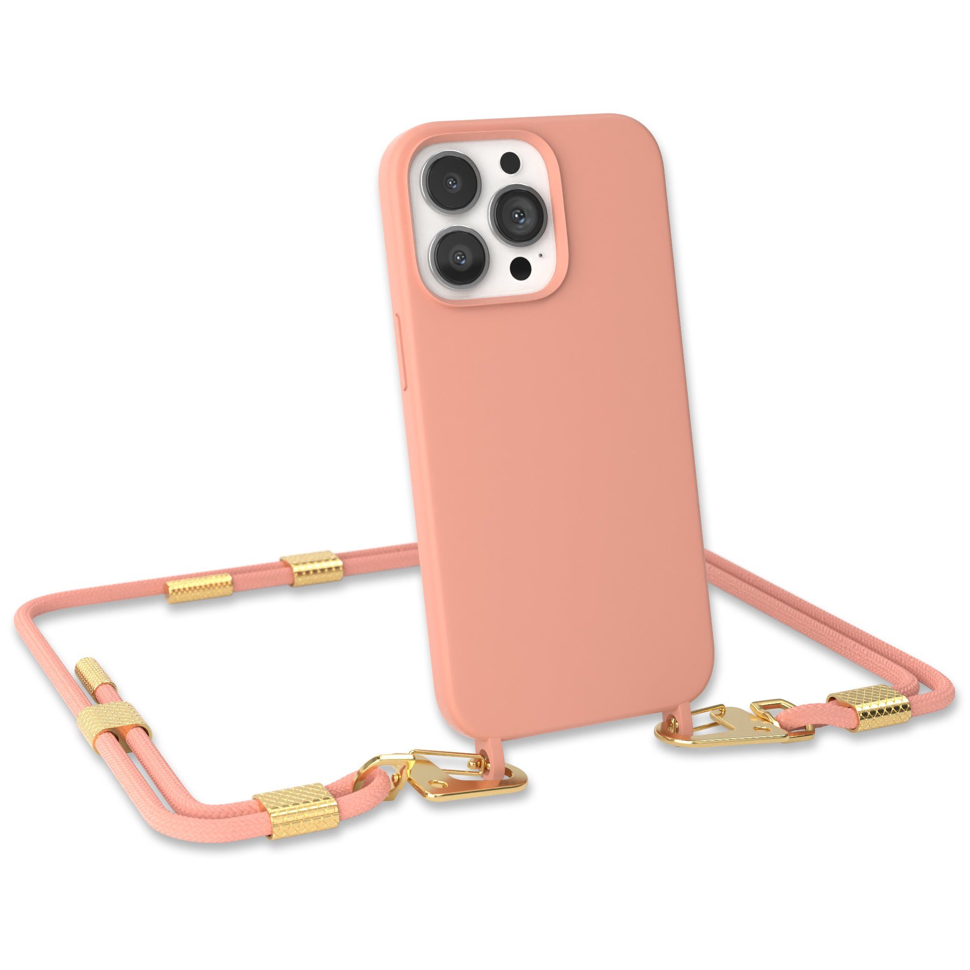 EAZY CASE Handykette Carabiner Chain für Apple iPhone 13 Pro 6,1 Zoll, 2 in 1 Handytasche farbige Silikon Hülle mit Umhängeband Altrosa Coral