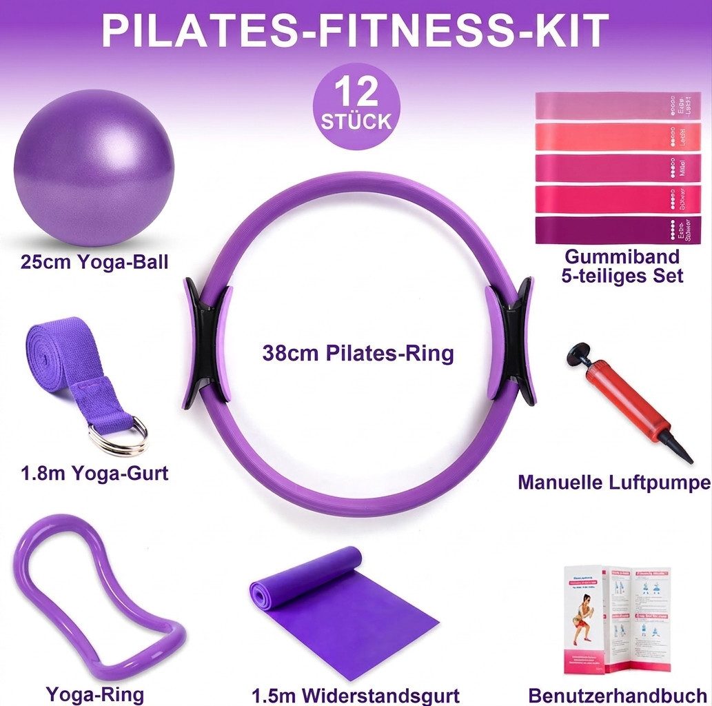 LaCute Pilates-Ring Pilates Set 12-teilig mit Ring, Ball & Widerstandsbändern für Zuhause (12-teiliges Pilates- und Fitness-Set, 12-tlg., Pilates-Set mit Ring, Ball Widerstandsbändern für Ganzkörpertraining), 12-teilig, elastisch, rutschfest, vielseitig
