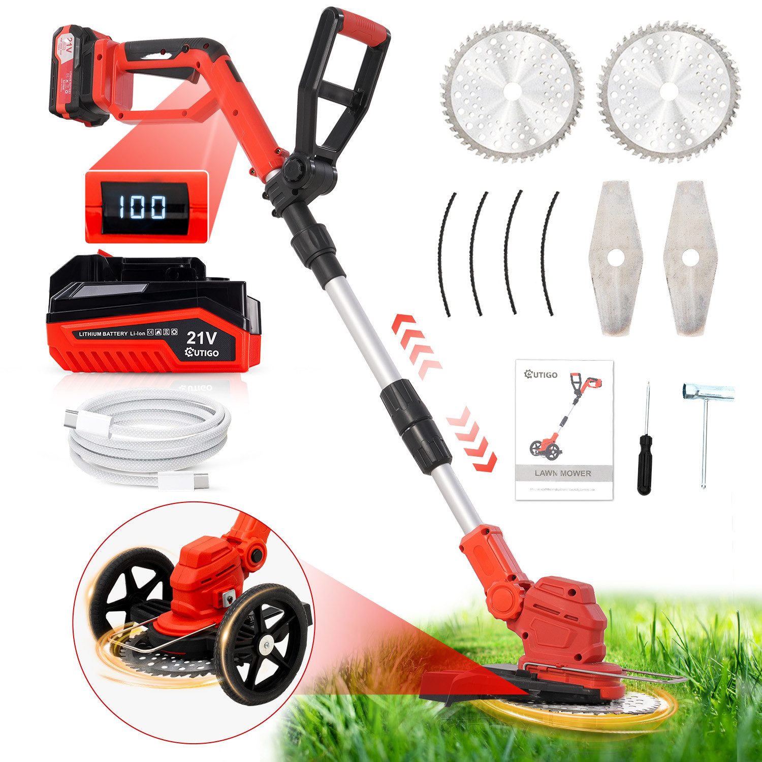 OUTIGO Akku-Rasentrimmer Akku-Rasentrimmer mit 4000mAh 21V Akku, Verstellbarer Teleskopstiel, 25 cm Schnittbreite, (2×4Ah Akku), 3 Arten Klingen, Teleskop-Stiel