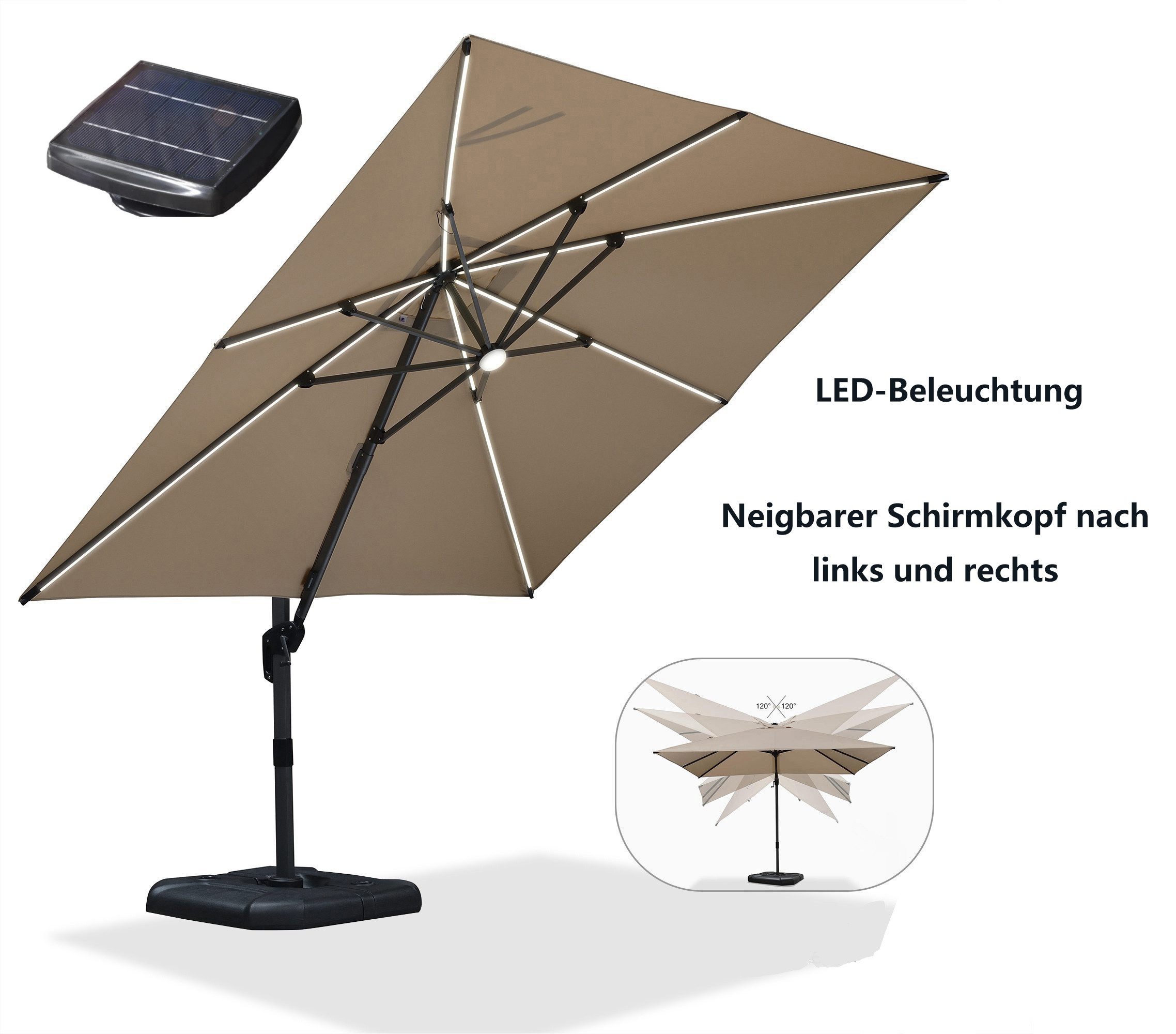 PURPLE LEAF Sonnenschirm Quadrat Alu Balkonschirm, Groß Ampelschirm LED, LxB: 300,00x300,00 cm, 360°Rotation, Sonnenschutz UV50+, für Garten, Terrasse, Pool