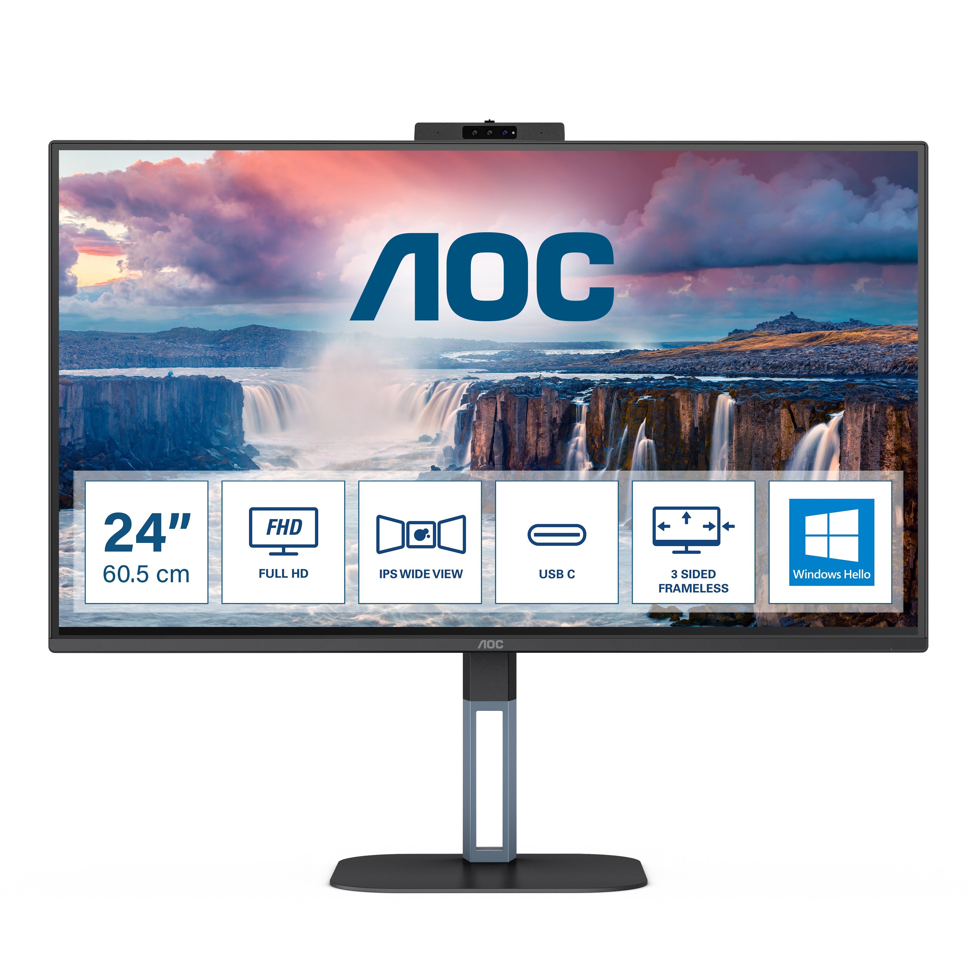 AOC 24V5CW/BK Gaming-Monitor (60,5 cm/24 ", 1920 x 1080 px, 1 ms Reaktionszeit, 75 Hz, IPS, integrierte Windows-Hello-Webcam)