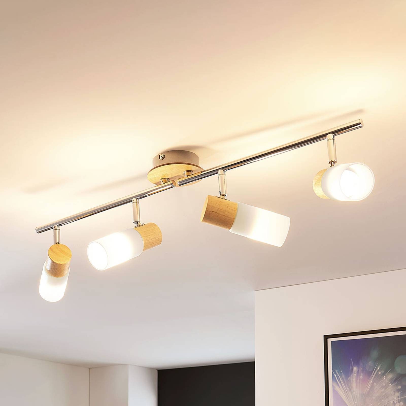 Lindby Deckenstrahler Christoph, Holz warmweiß IP20, 4 x 4,5 W LED, warmweiß