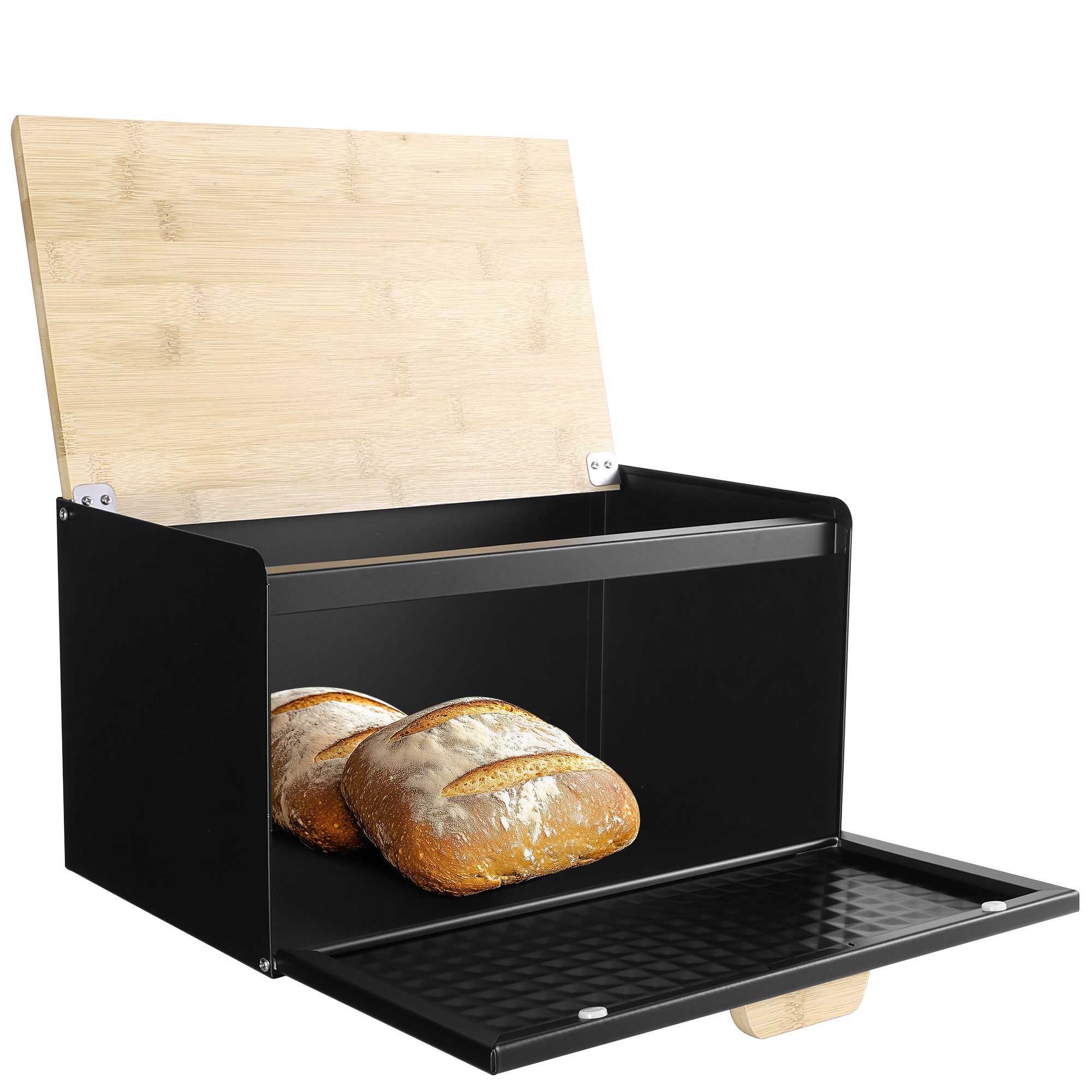 Navaris Vorratsdose Praktische Aufbewahrung Brot - Brotaufbewahrungsbox - Brotkiste, Kohlenstoffstahl, (1-tlg), Brotkasten Metall Groß Schwarz - Brotbox Küche mit Bambus Крышки
