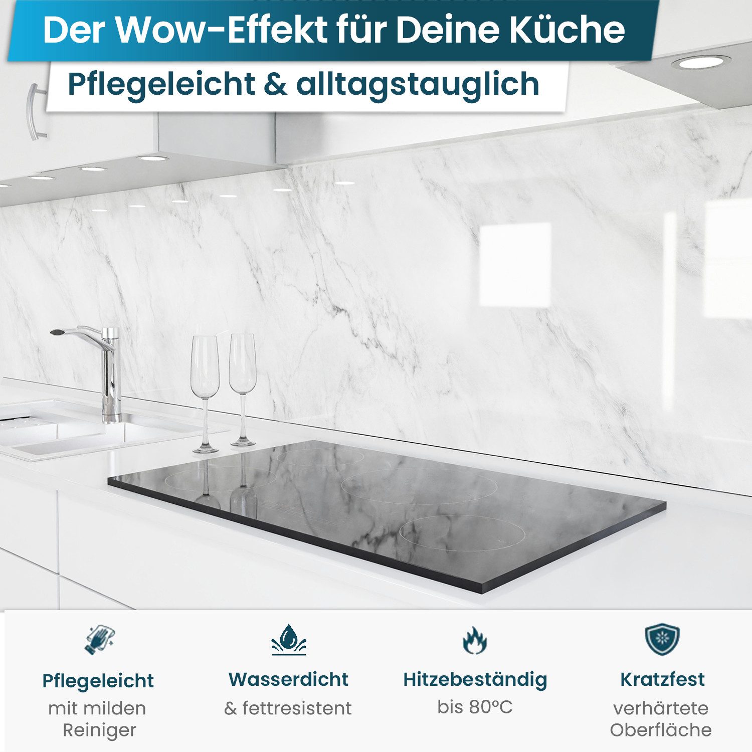 danario Küchenrückwand Folie selbstklebend, Glasoptik, Spritzschutz Küche, ablösbar - 0,8 mm