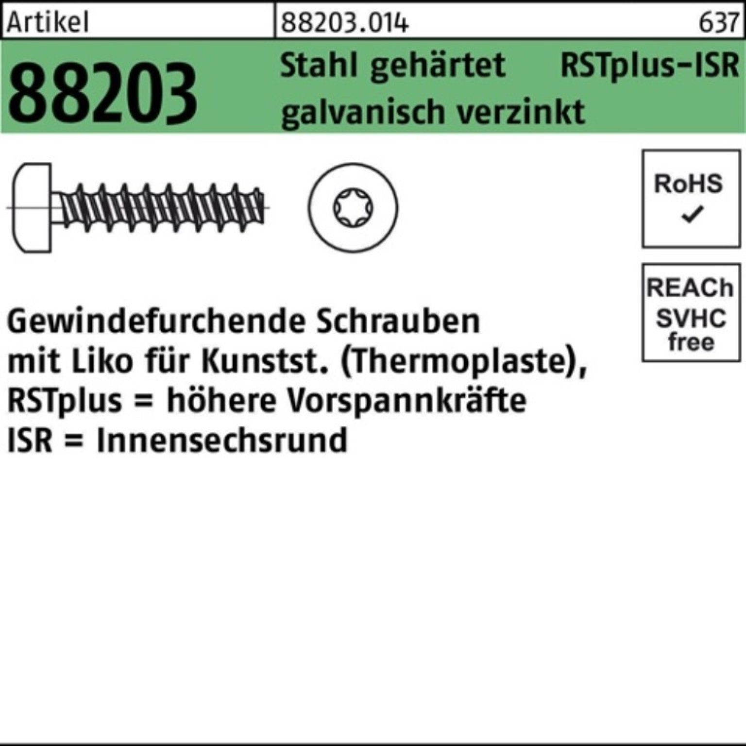 Reyher Gewindeschraube 500er Pack Gewindefurchendeschraube R 88203 Liko ISR 3,5x12-T15 Stahl