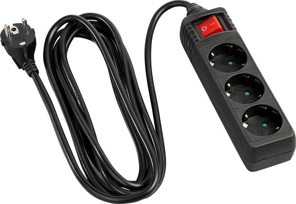 Hama Steckdosenverteiler, 3-fach, mit Schalter, 5 m, Schwarz Steckdosenleiste 3-fach (Ein- / Ausschalter, Schalterbeleuchtung, Kabellänge 5 m)