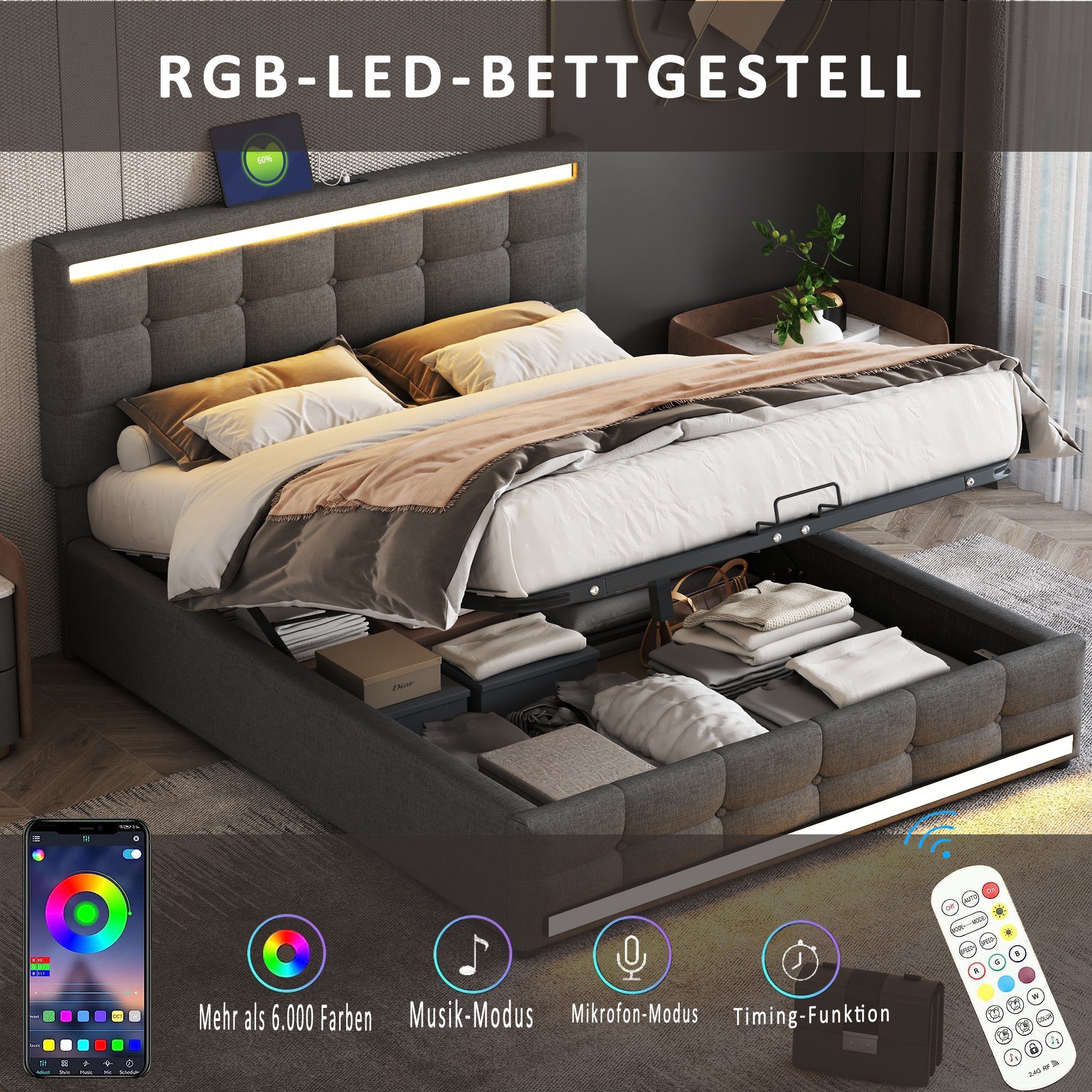 Polsterbett (Hydraulisches Bett mit Bettkasten, Lattenrost und 2 USB-Anschluss), Stauraumbett Funktionsbett 140x200 cm mit LED Beleuchtung, Leinen