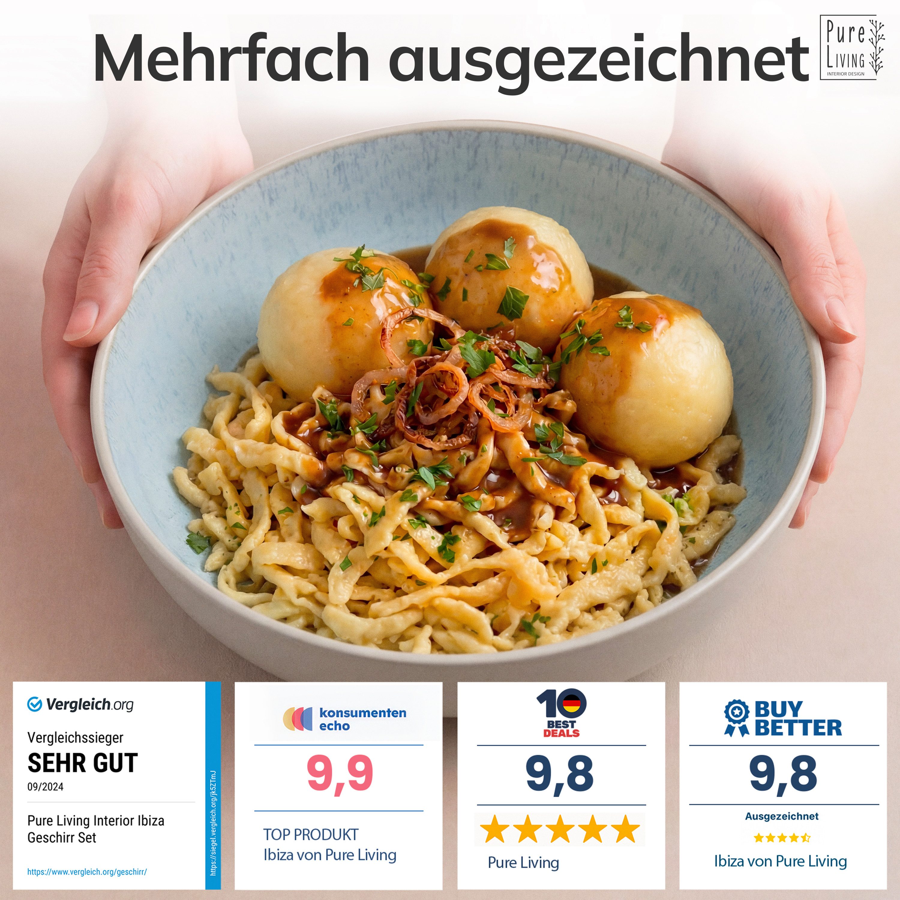 PURE LIVING INTERIOR DESIGN Geschirr-Set Ibiza, 6er-Set Servierschüssel, Riffelstruktur, Beige Blue (6-tlg), 1 Personen, Steingut, Glasierte, kratzfeste Innenfläche, mikrowellengeeignet