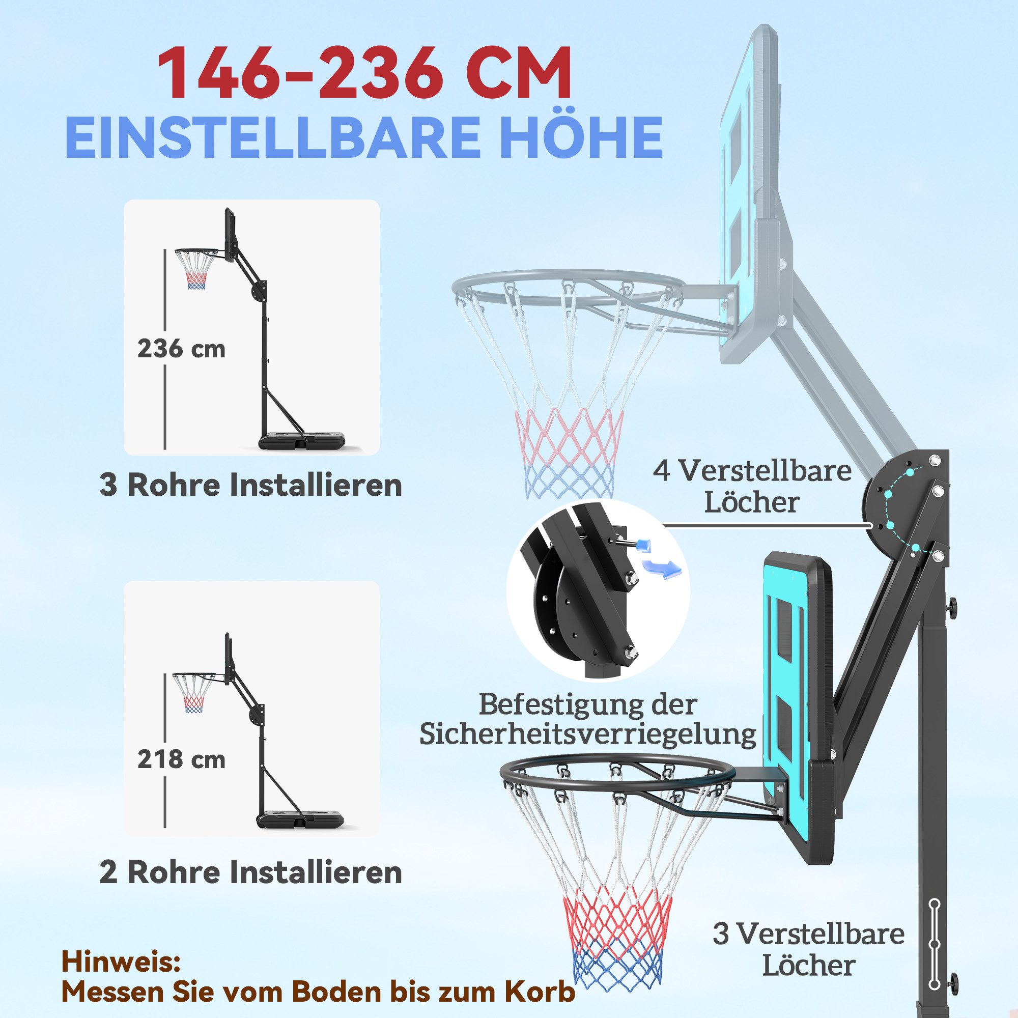 SPORTNOW Basketballkorb mit Ständer, Rolle, 146–236 cm höhenverstellbar (Korbanlage mit 71x45cm Rückwand, 1-St., tragbar Basketballständer), für Jugendliche, Erwachsene, für Indoor, Outdoor