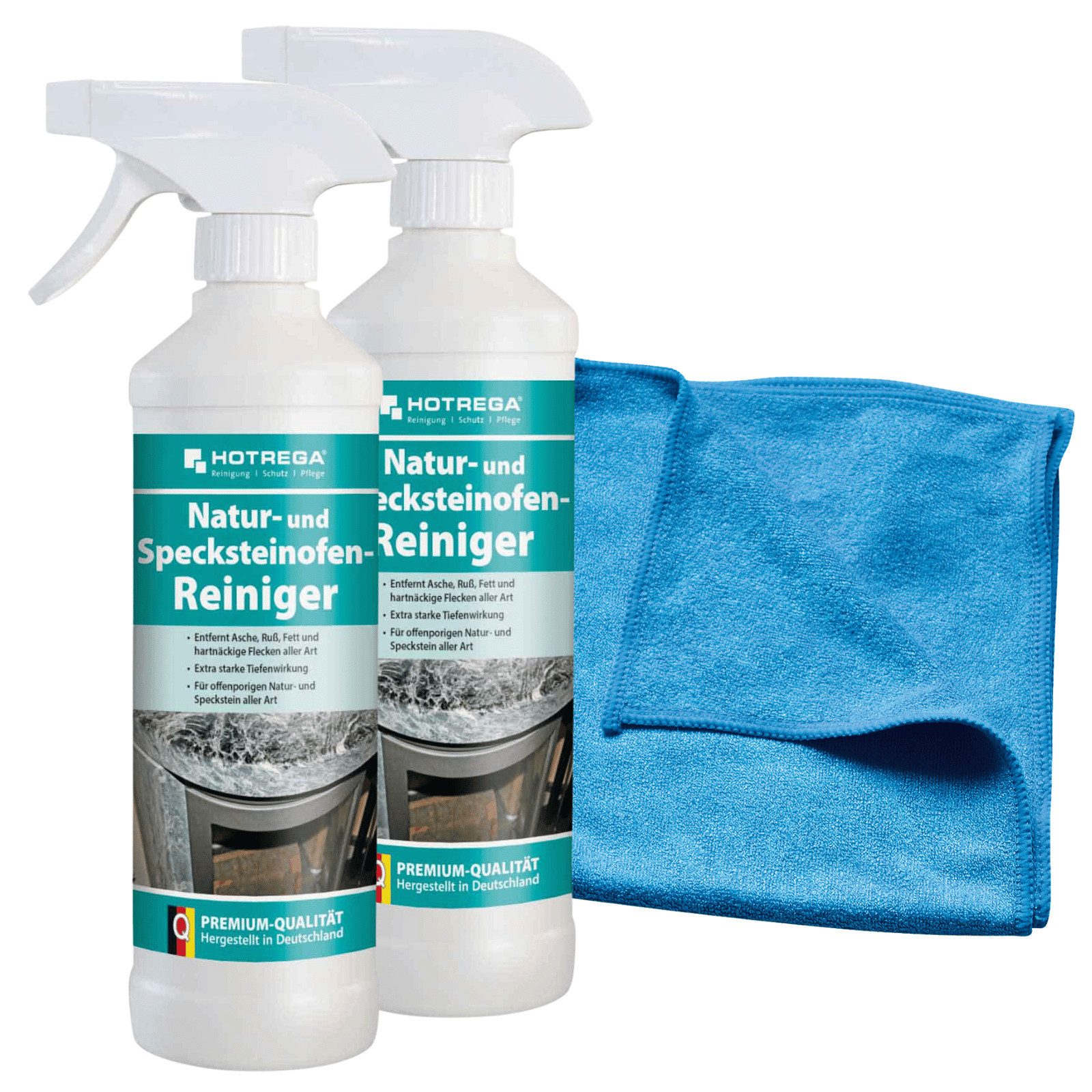 HOTREGA® Natur Specksteinofen Reiniger Ofenreiniger 2x 500ml mit Microfasertuch Universalreiniger
