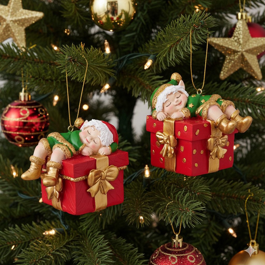 MF Weihnachtsbaumkugel Weihnachtsanhänger Holly 2er Set Elfe und Geschenk Handbemalt (2 St)