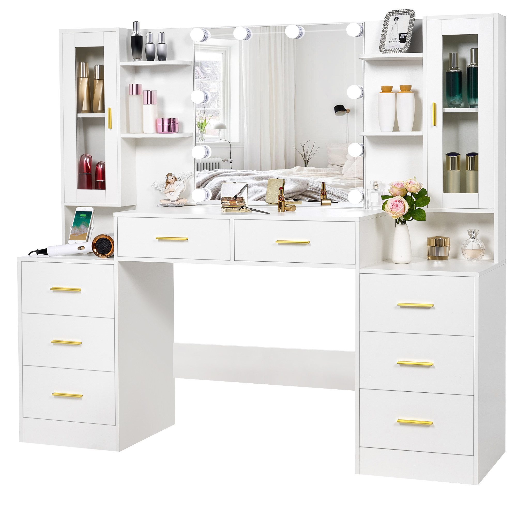 BEWISHOME Schminktisch 150cm Schminktisch mit LED-Beleuchtung & USB-Steckdo günstig online kaufen