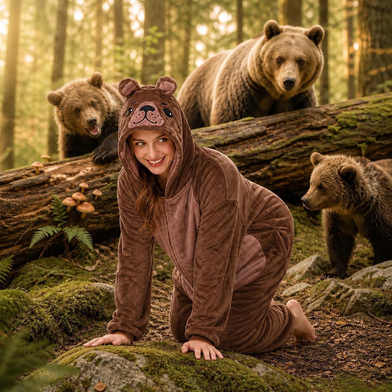 Corimori Partyanzug Flauschiges Bären-Kostüm für Erwachsene, Karneval Kostüm Onesie für, Jumpsuit, Pyjama, Fasching, Kigurumi, Tierkostüme, Bär Winfred