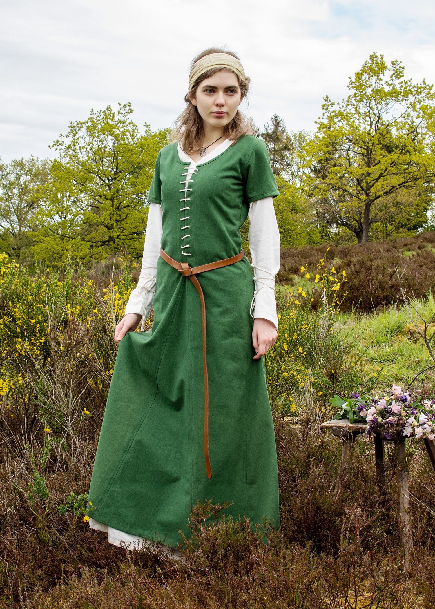 Ritter-Kostüm Kurzärmelige Cotehardie Mittelalter Kleid Ava grün M