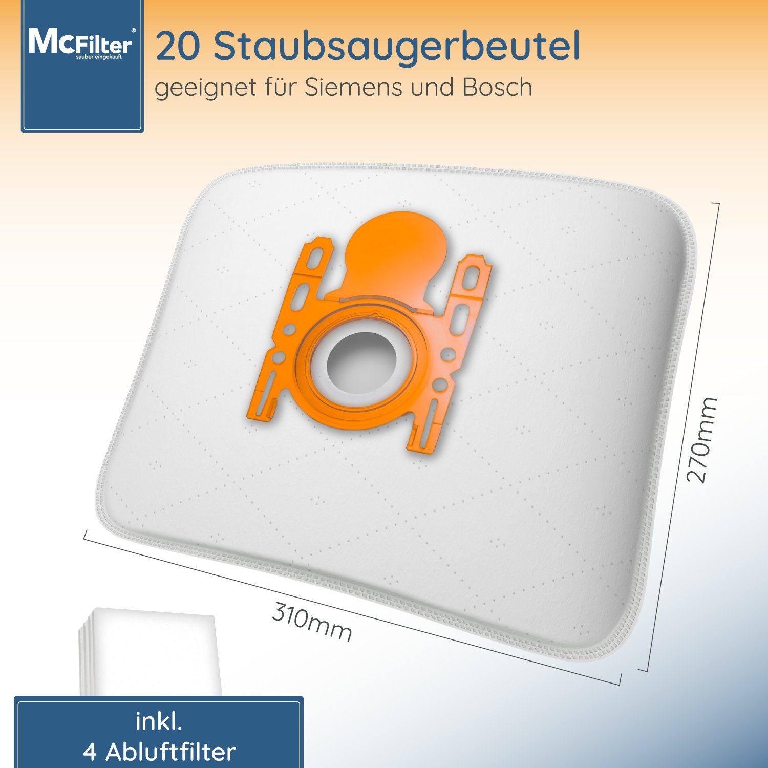 McFilter Staubsaugerbeutel Siemens (20 Stück), passend für VSQ5X1230 Q5.0  extreme Silence Power Staubsauger (Serie Q 5.0), 20 St., 5-lagiger Beutel  mit Hygieneverschluss, inkl. Filter