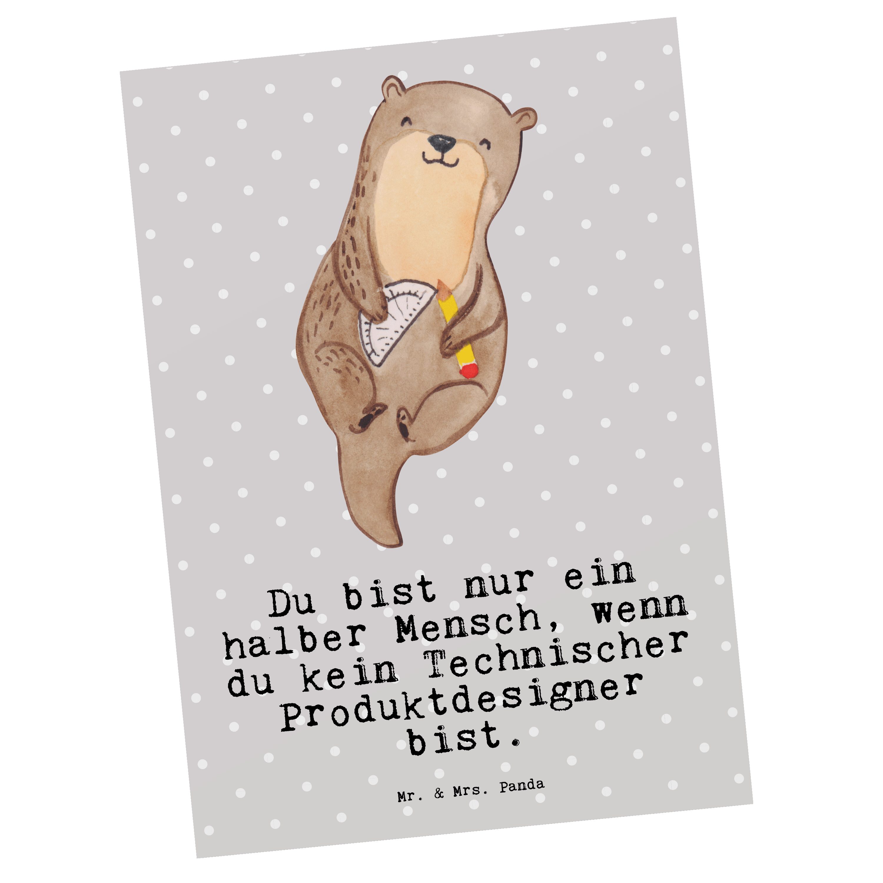 Mr. & Mrs. Panda Postkarte Technischer Produktdesigner mit Herz - Grau Pastell - Geschenk, Grußk