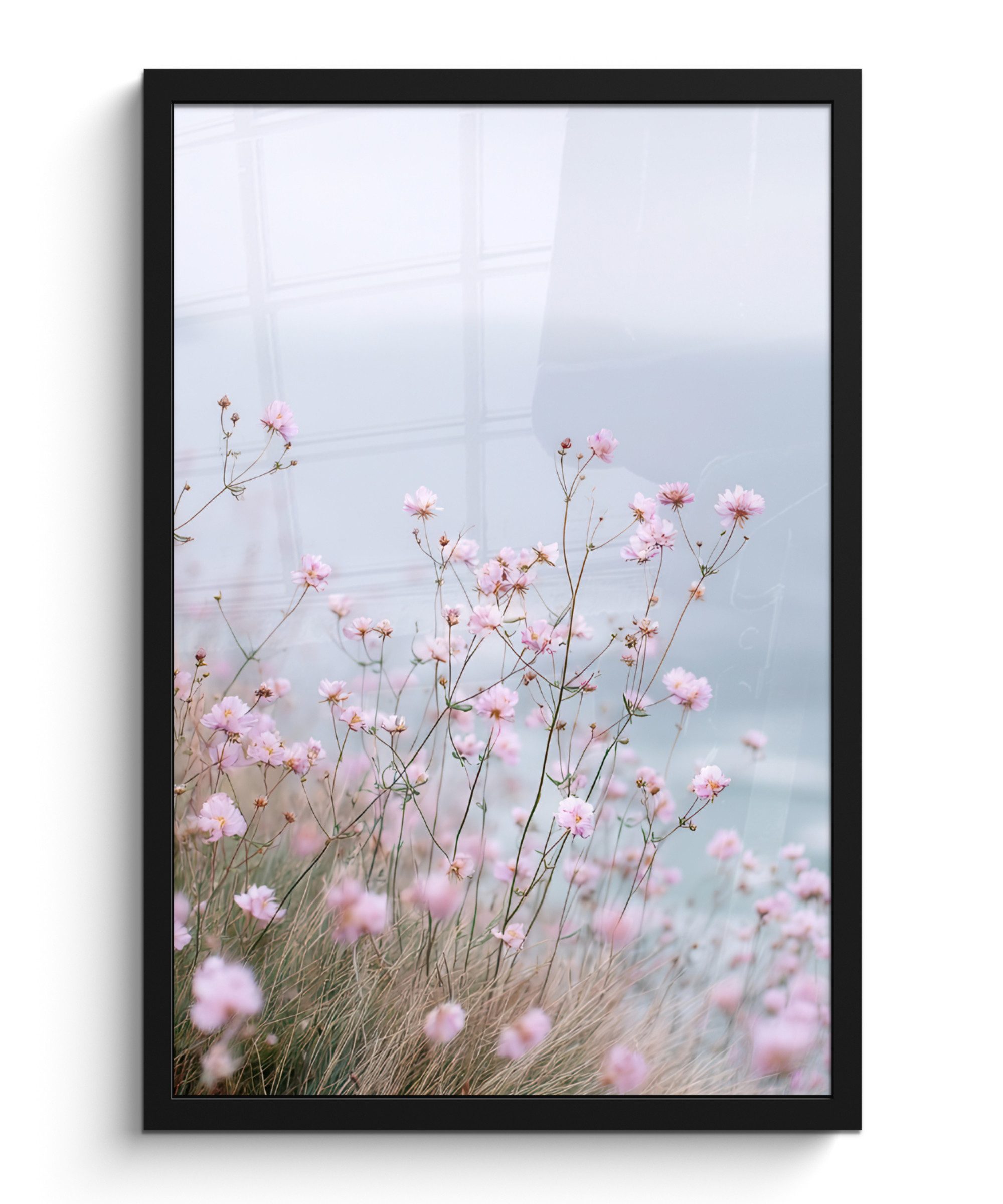 MuchoWow Poster Klippe - Blumen - Meer - Rosa, (1 St), Bilderrahmen Schwarz, Wanddeko für Wohnzimmer, 40x60 cm