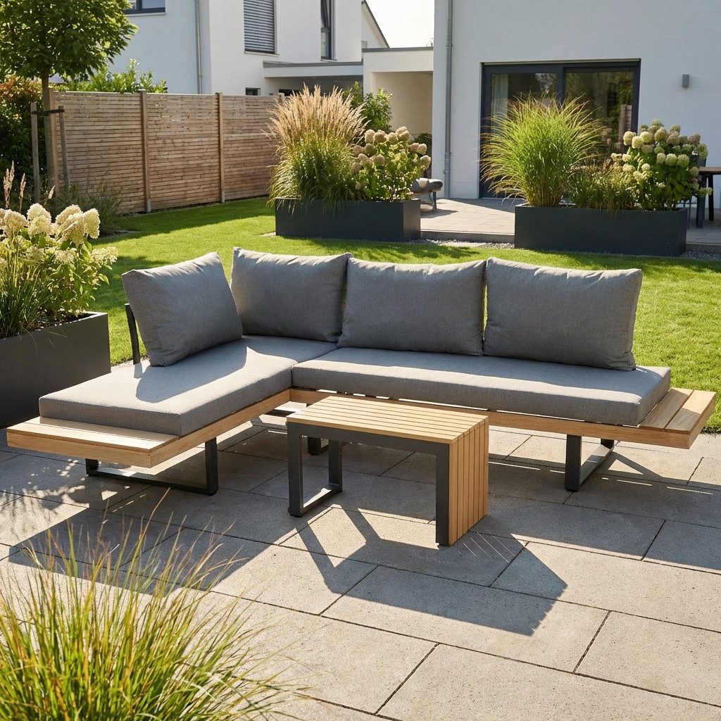 Greemotion Gartenlounge-Set Lana Lounge-Set Beige-Holz / Grau inkl. Auflagen & Tisch, (inkl. Auflagen), Farbe Grau/Holz