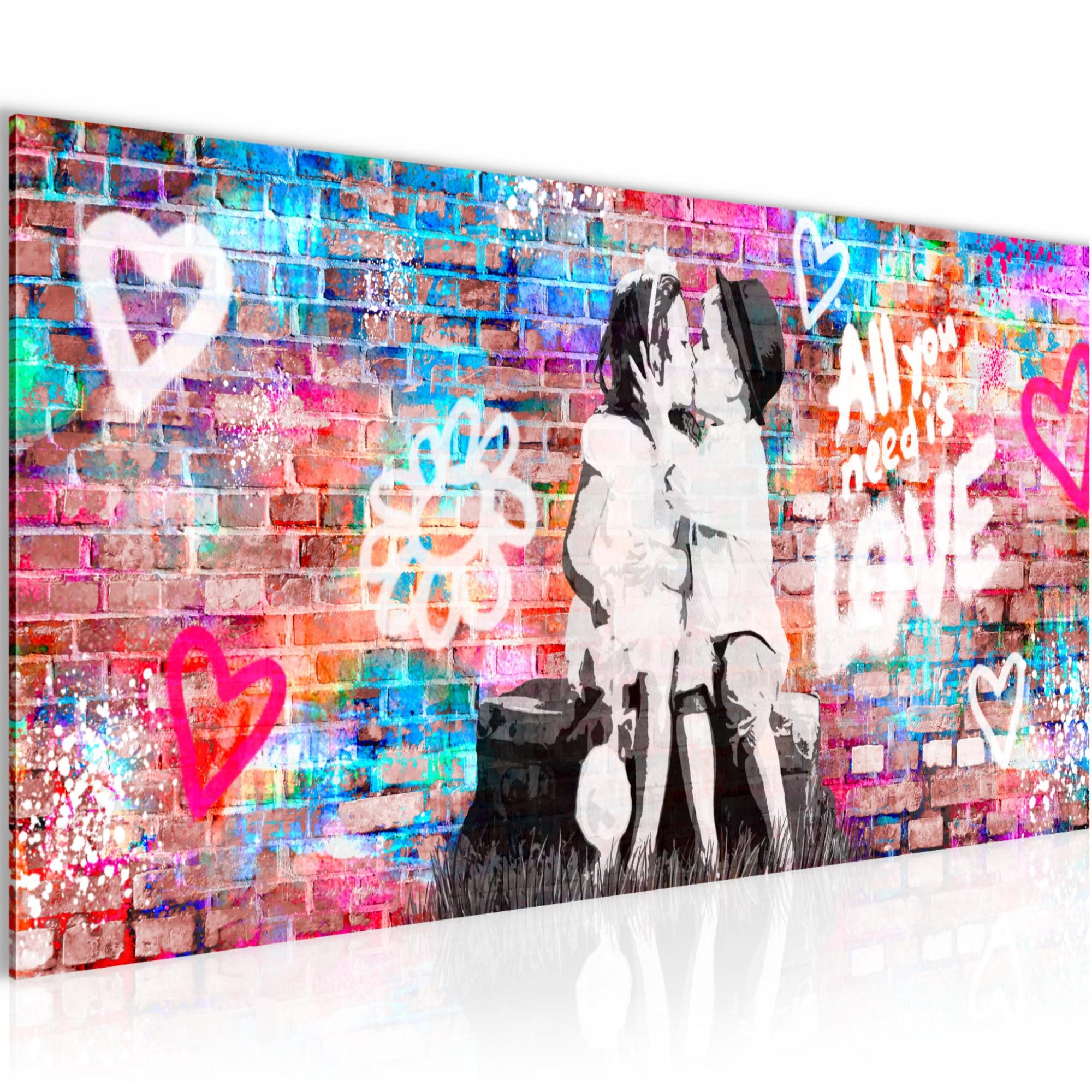 Runa Art Wandbild Banksy Style Streetart Bild Graffiti Wohnzimmer Loft 100x40 cm, All you need (1 St)